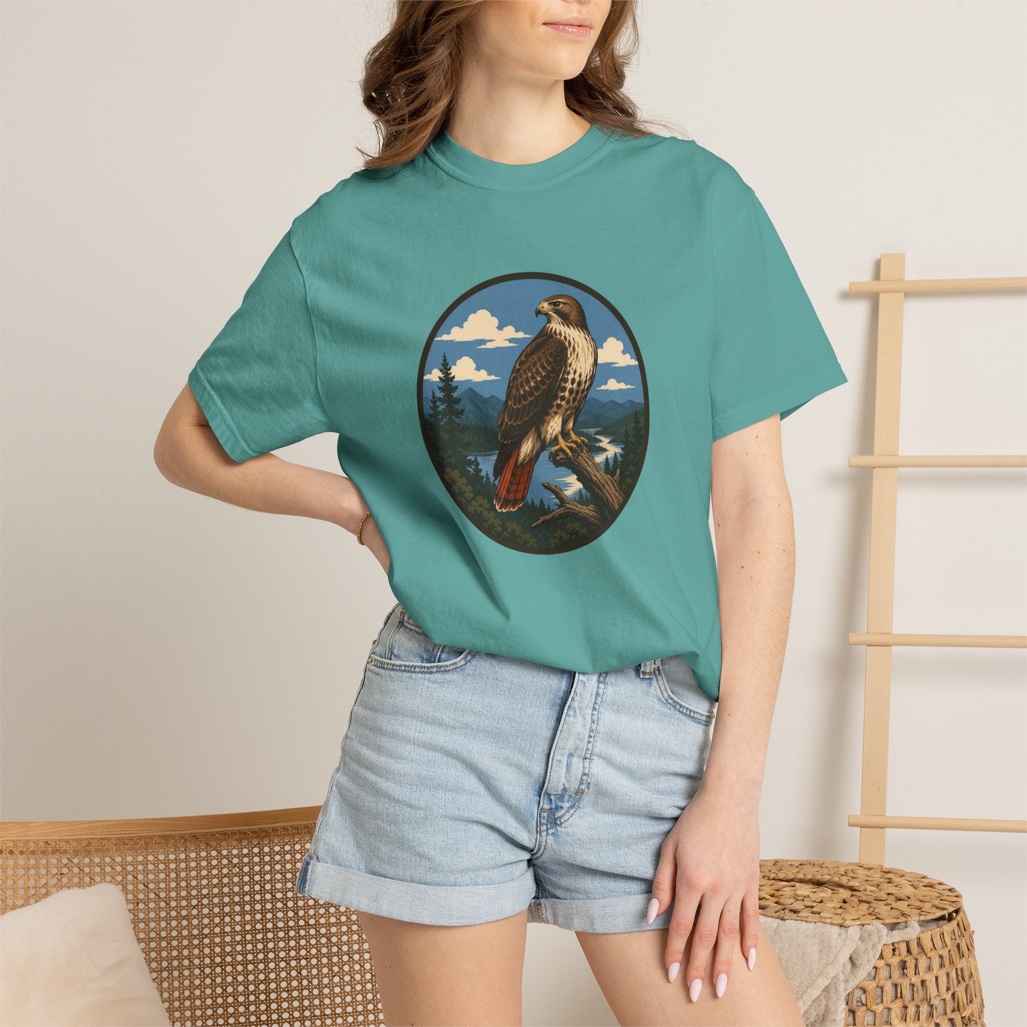 Red-Tail Hawk Mountain Circle T-Shirt — Vintage Hawk Nature Graphic Tee