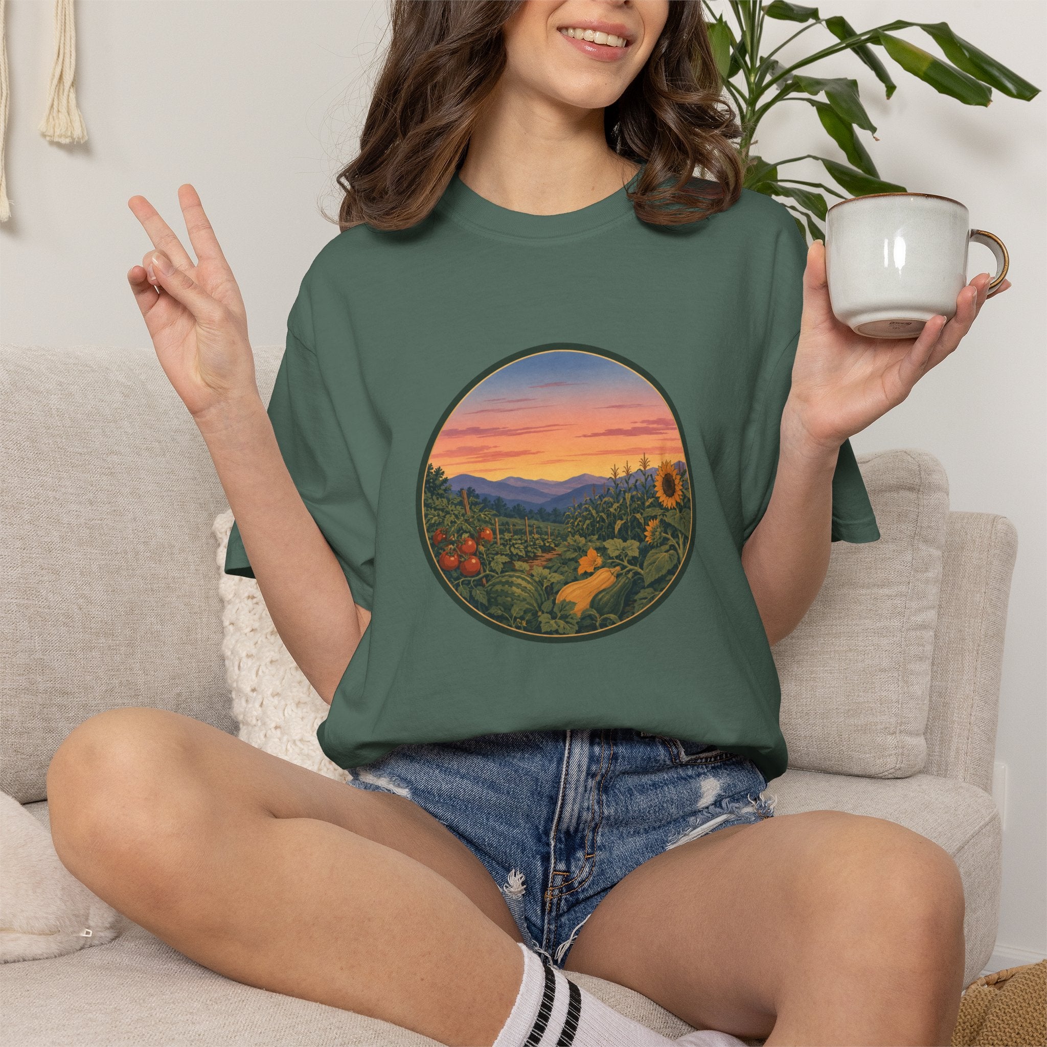 Sunset Mountain Garden T-Shirt — Scenic Fresh Vegetables Landscape Tee
