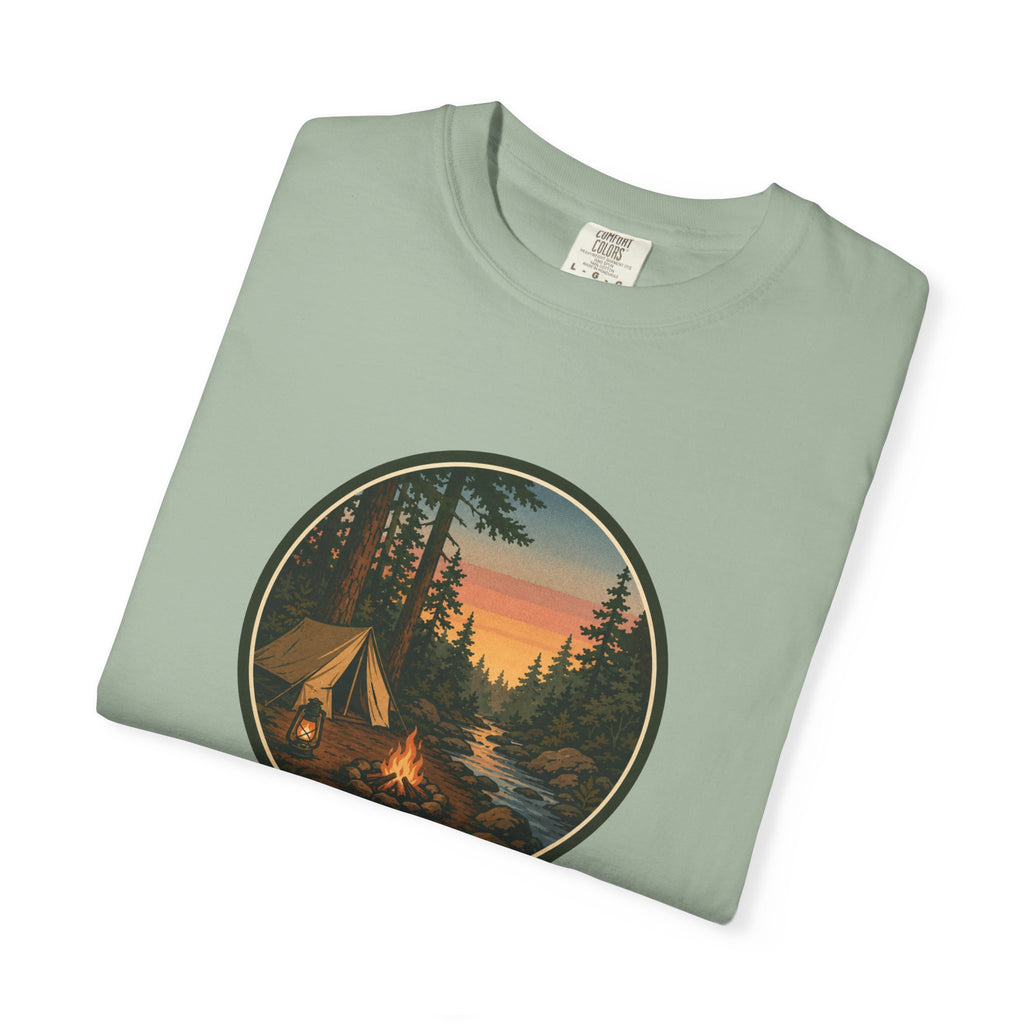 Camping Sunset T-Shirt — Vintage Tent & Campfire Graphic