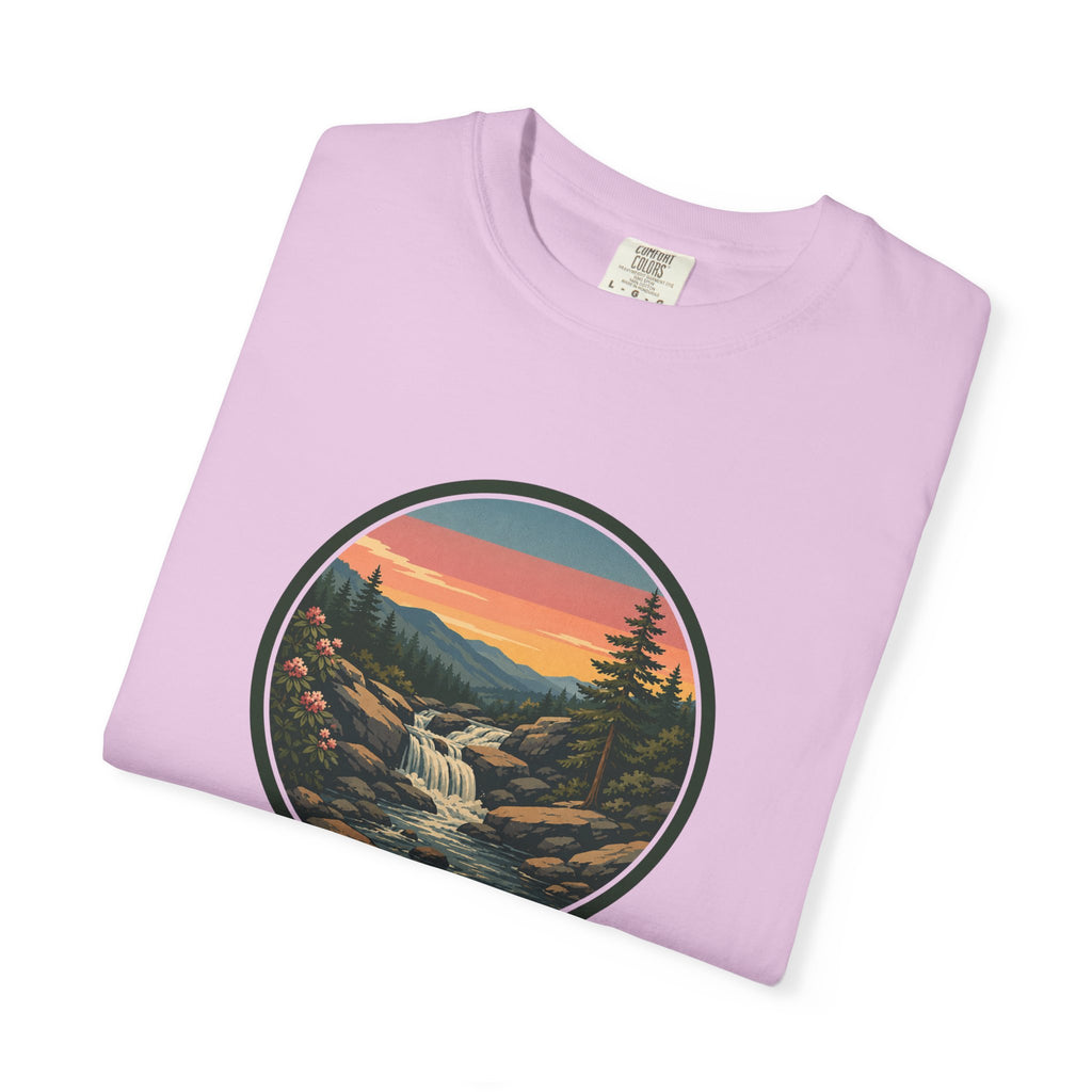 Scenic Waterfall T‑Shirt — Sunset Wilderness Nature Graphic
