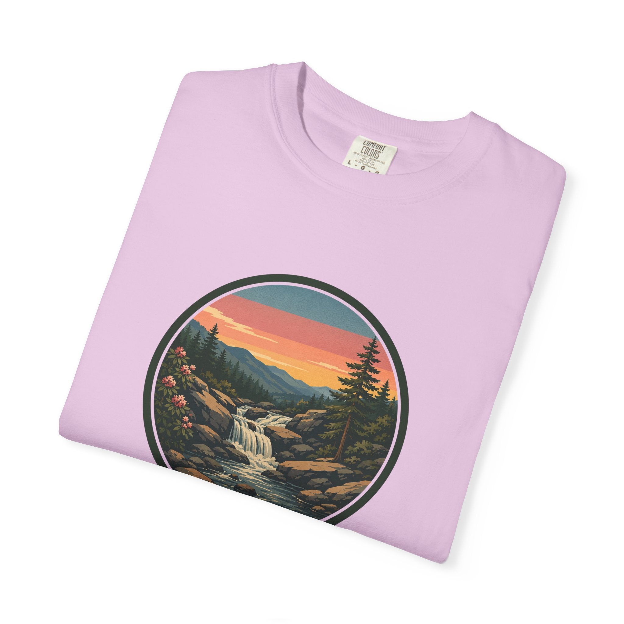 Scenic Waterfall T‑Shirt — Sunset Wilderness Nature Graphic