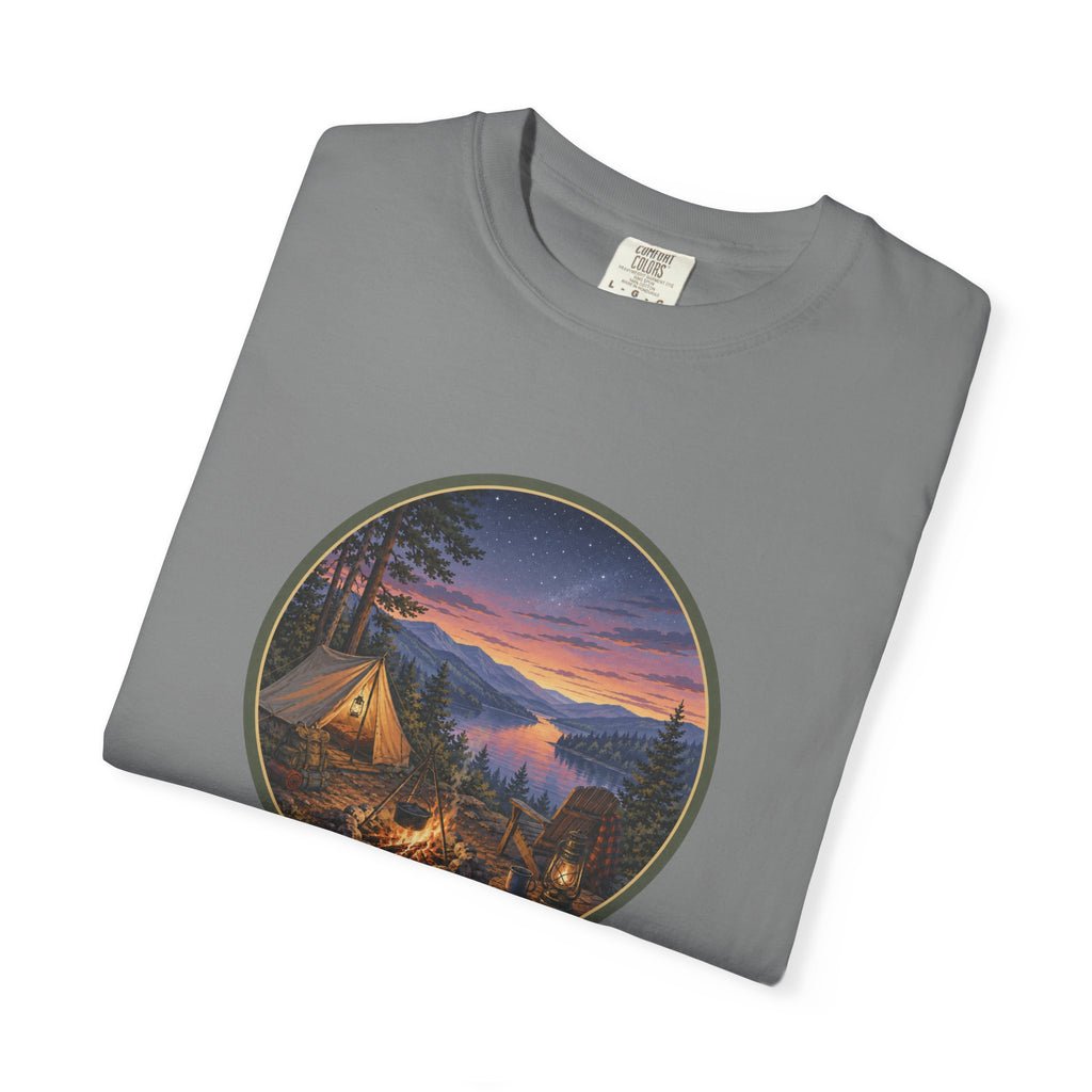 Camping Sunset T-Shirt — Riverside Campfire Night Scene