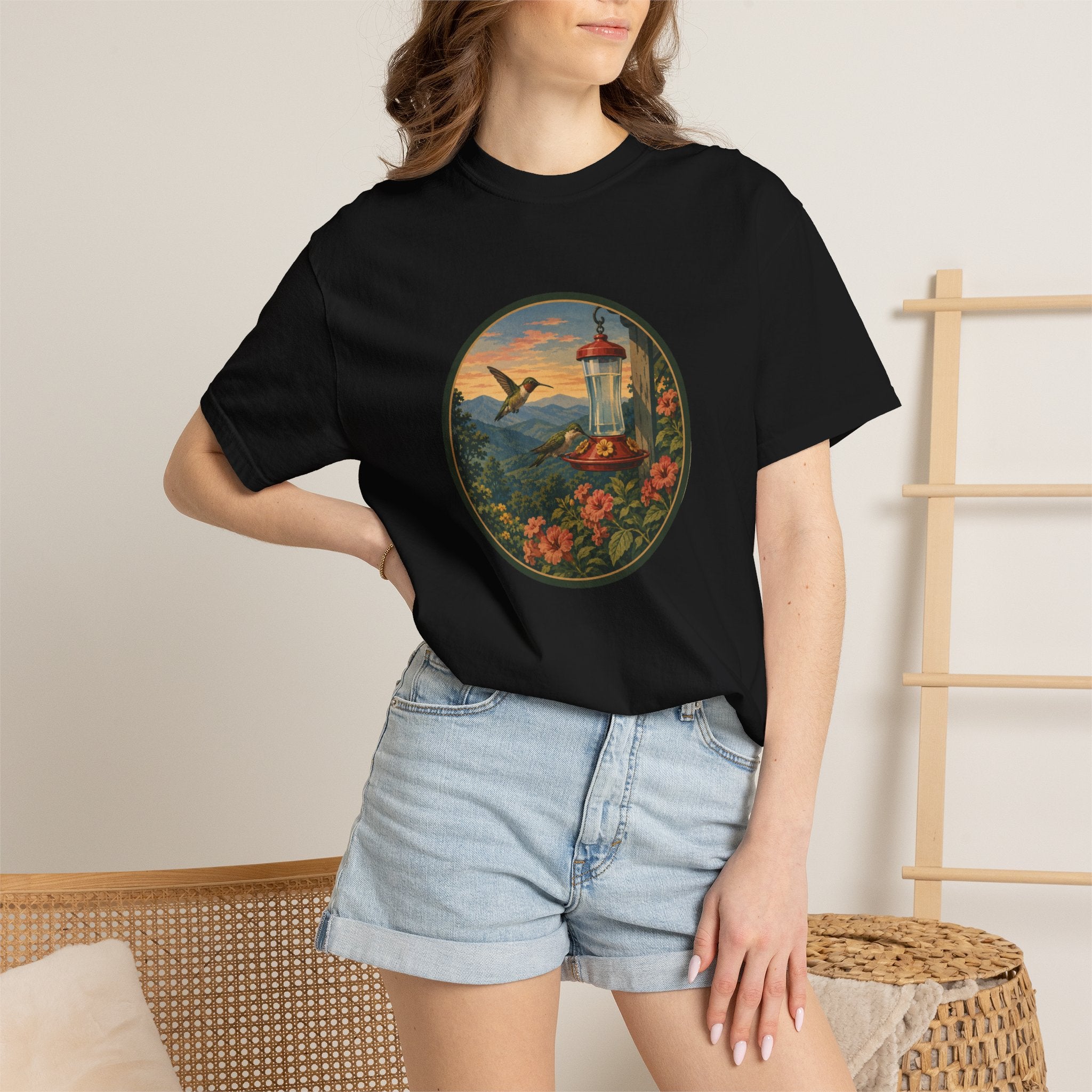 Hummingbird Sunset T-Shirt — Vintage Floral Graphic Tee