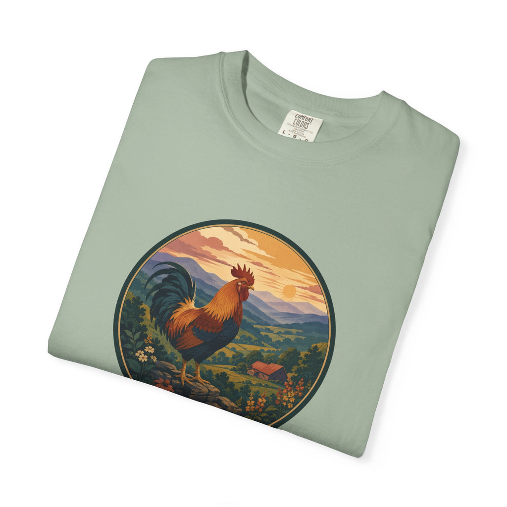 Blue Ridge Rooster Sunrise T-Shirt — Vintage Farm Scene Tee