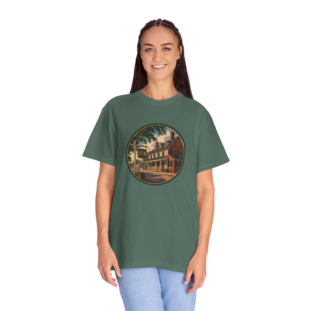 Historic Main Street Tavern T-Shirt — Colonial Village Scene Tee
