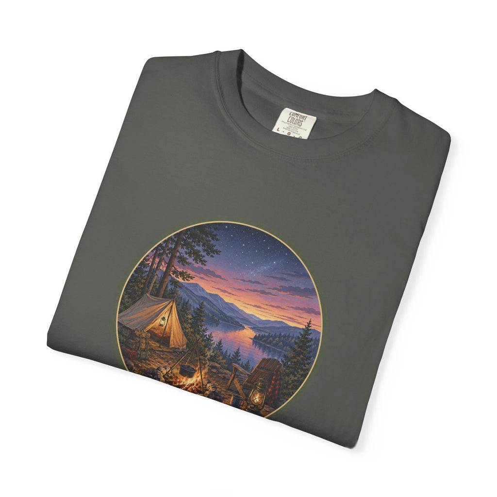 Camping Sunset T-Shirt — Riverside Campfire Night Scene