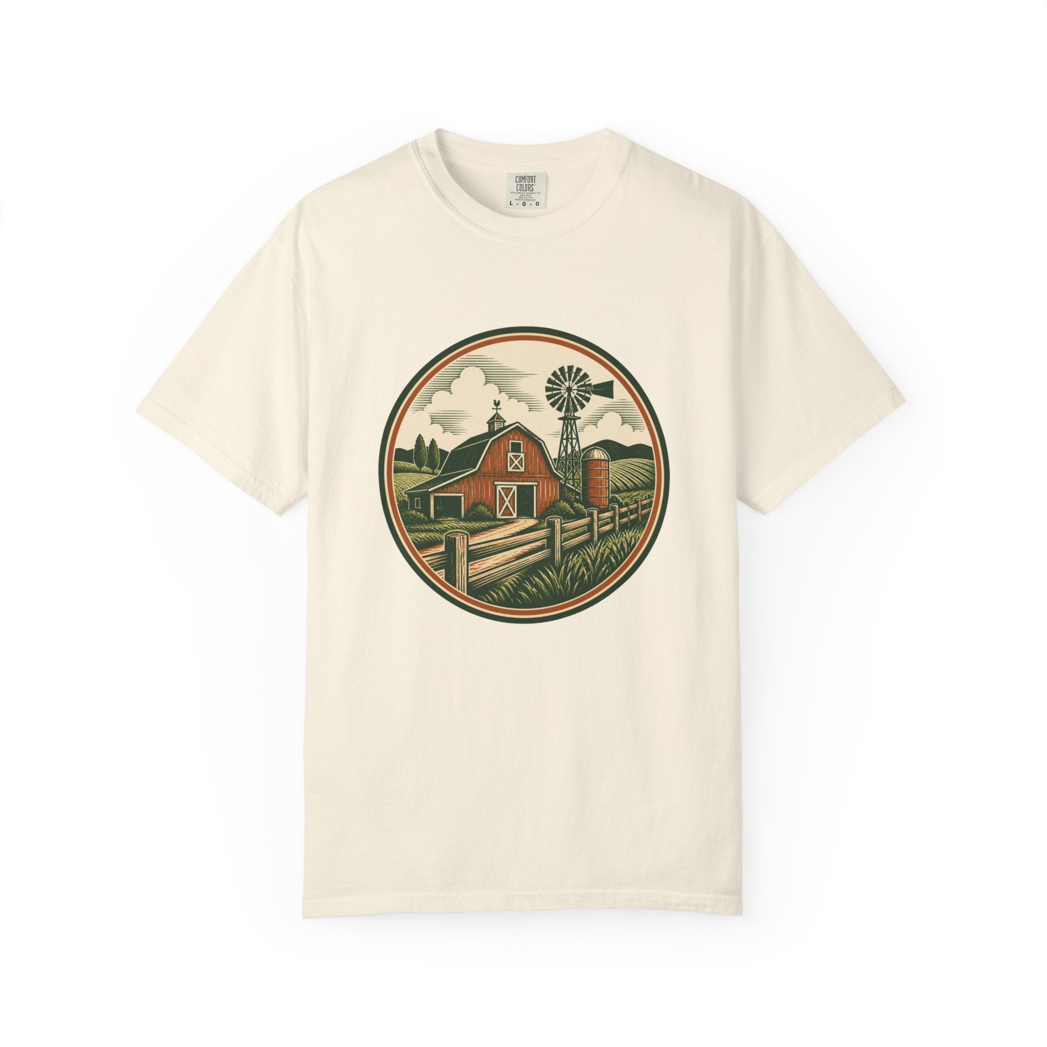 Barn & Windmill Farm T-Shirt — Vintage Rural Landscape Tee