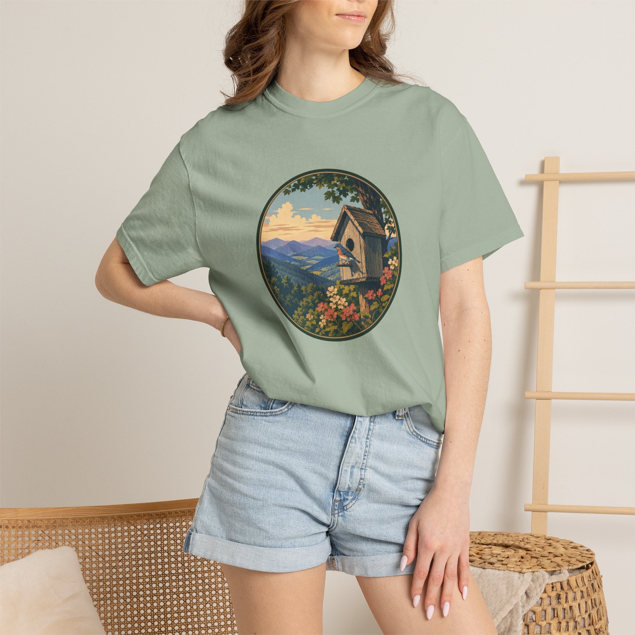 Scenic Birdhouse Tee — Mountain Sunrise Nature T-Shirt