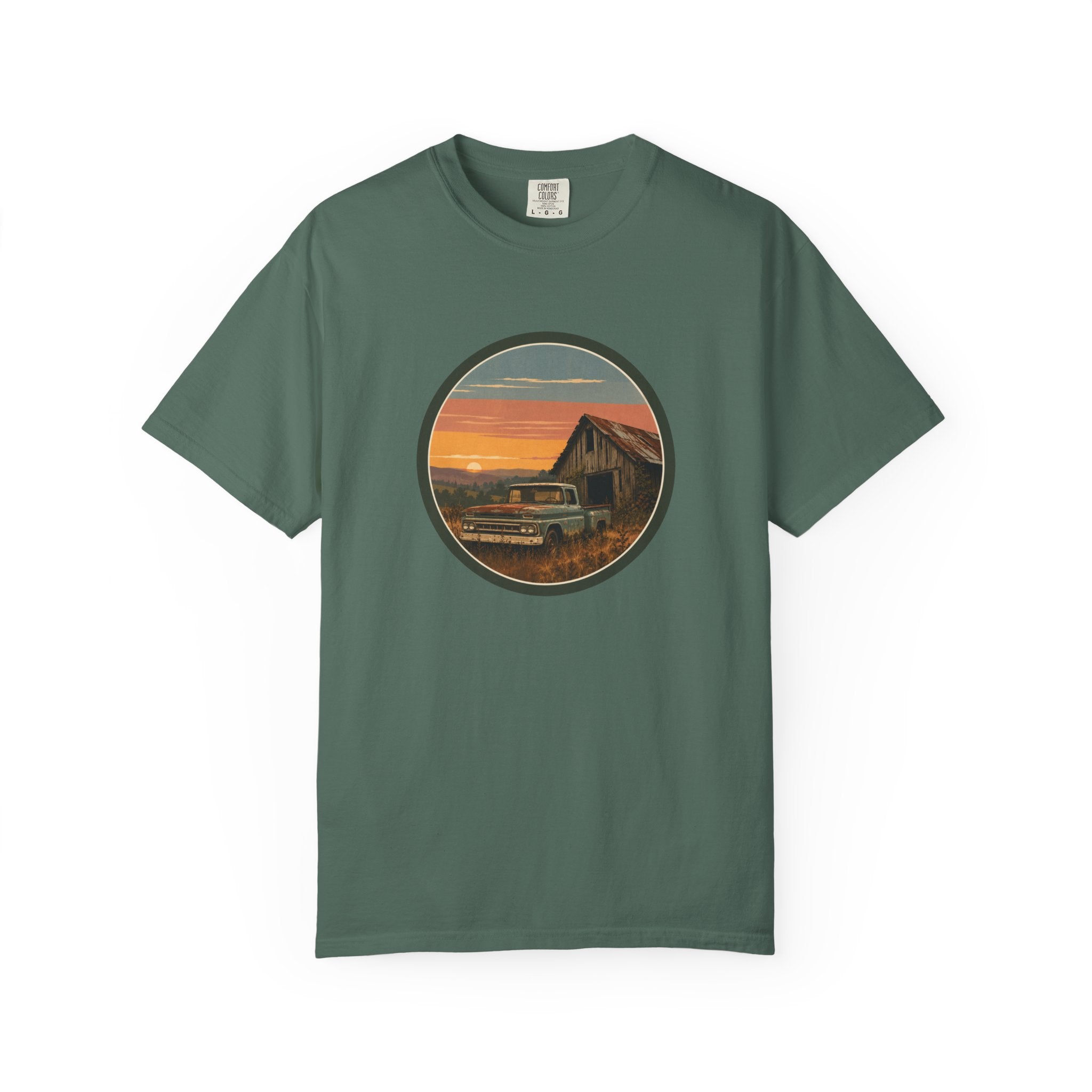 Vintage Sunset Barn T-Shirt — Retro Truck Farm Scene