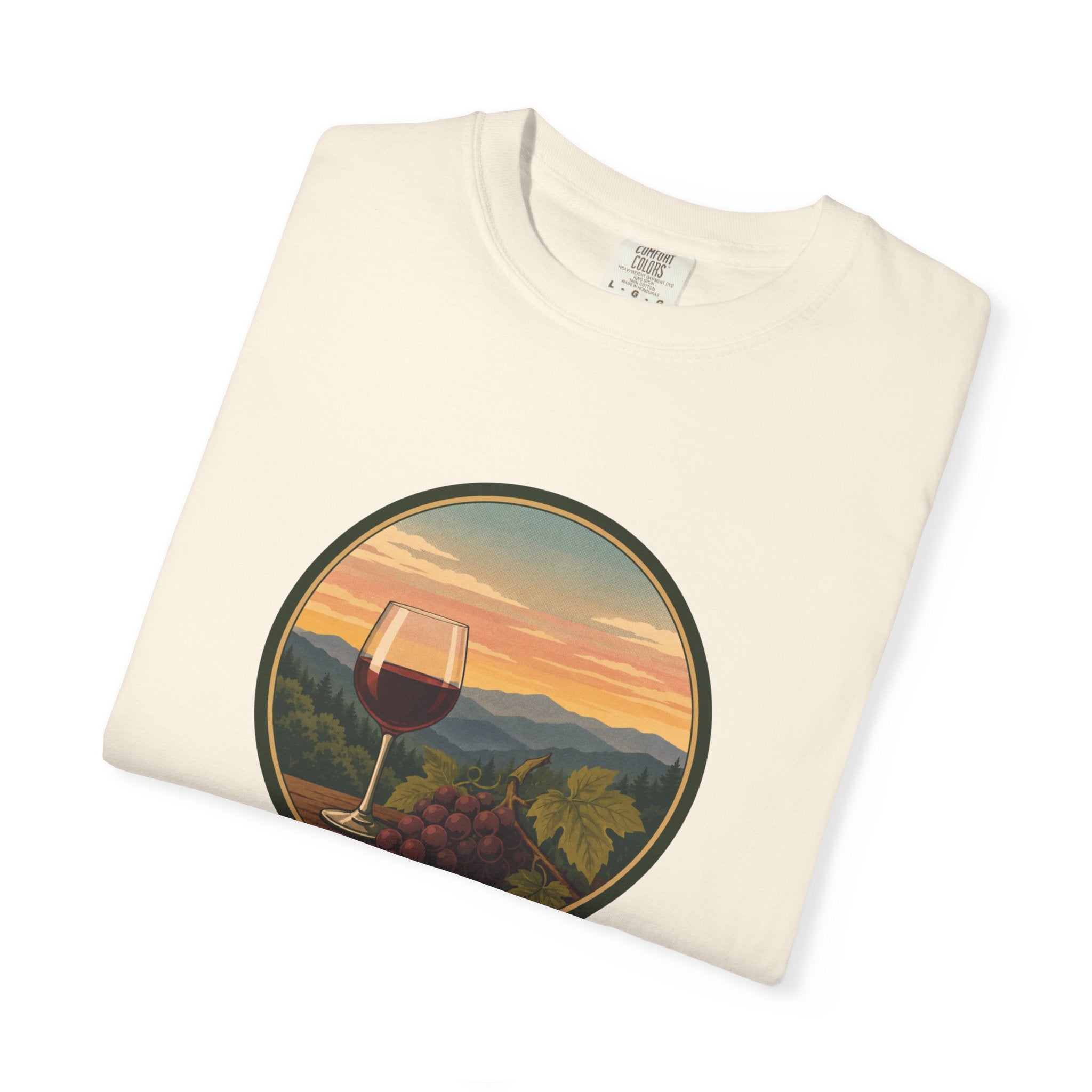 Wine Sunset T-Shirt — Vineyard Glass & Grapes Scenic Tee