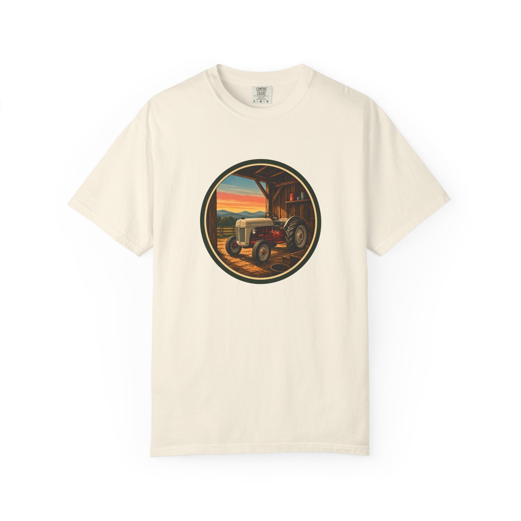 Vintage Tractor Circle T-Shirt — Rustic Farmstead Sunset Tee