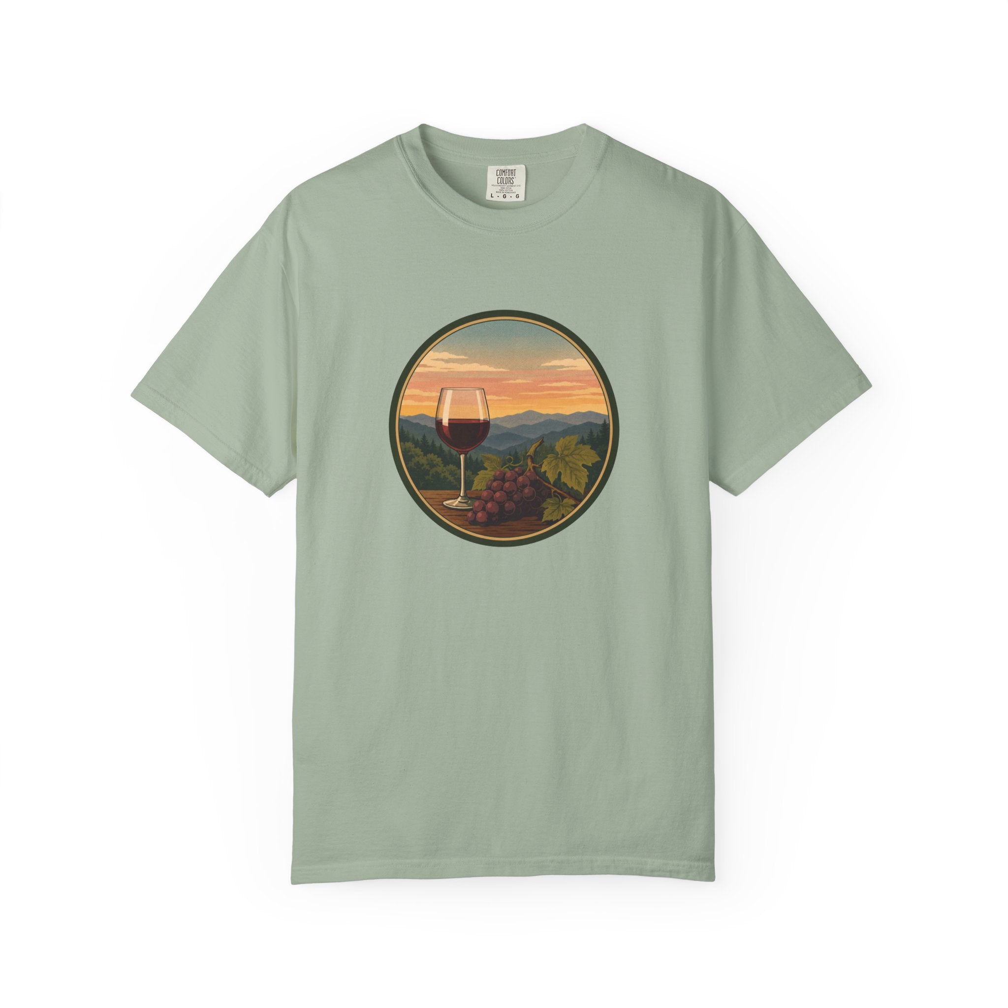 Wine Sunset T-Shirt — Vineyard Glass & Grapes Scenic Tee