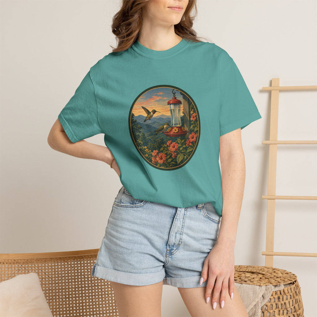 Hummingbird Sunset T-Shirt — Vintage Floral Graphic Tee