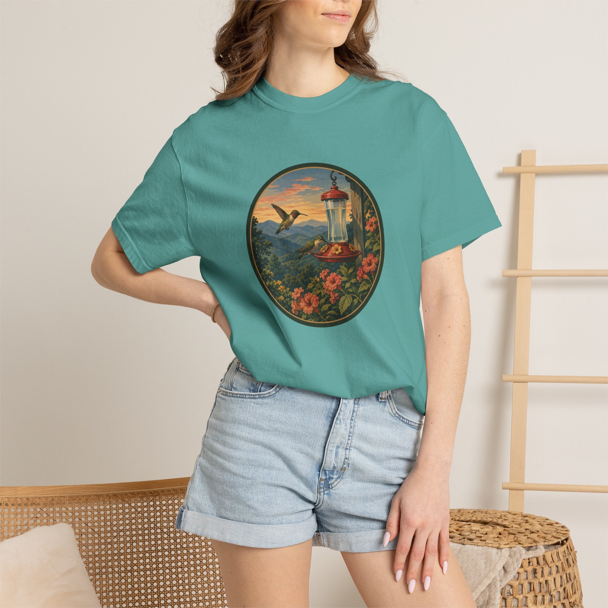 Hummingbird Sunset T-Shirt — Vintage Floral Graphic Tee