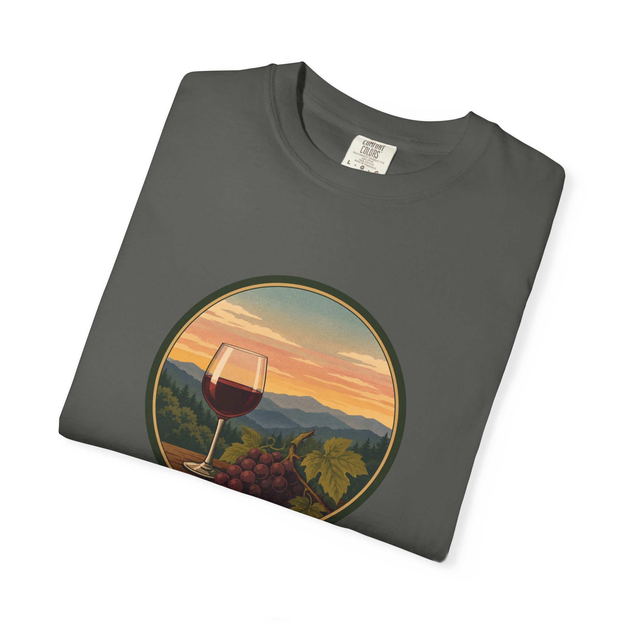 Wine Sunset T-Shirt — Vineyard Glass & Grapes Scenic Tee
