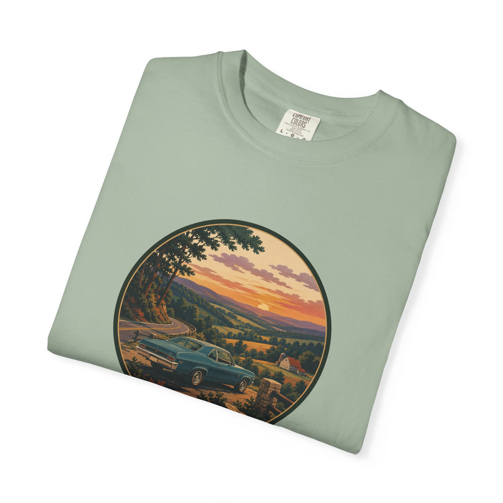 Sunset Valley Classic Car Landscape T-Shirt