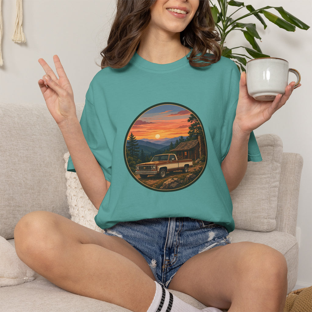 Sunset Cabin Truck T-Shirt — Vintage Classic Truck Tee