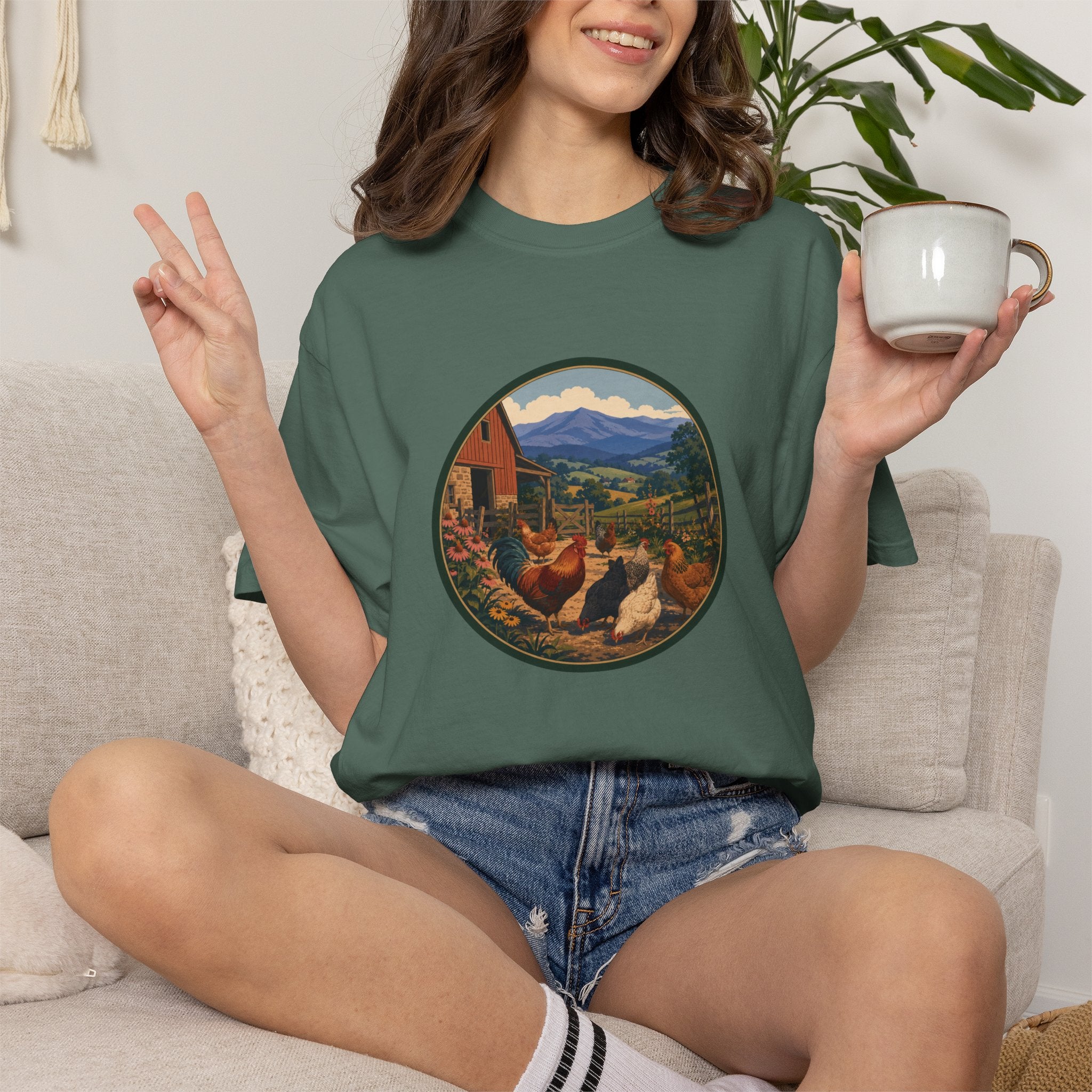 Chicken Farm Vintage Tee — Pastoral Hen Scene T-Shirt