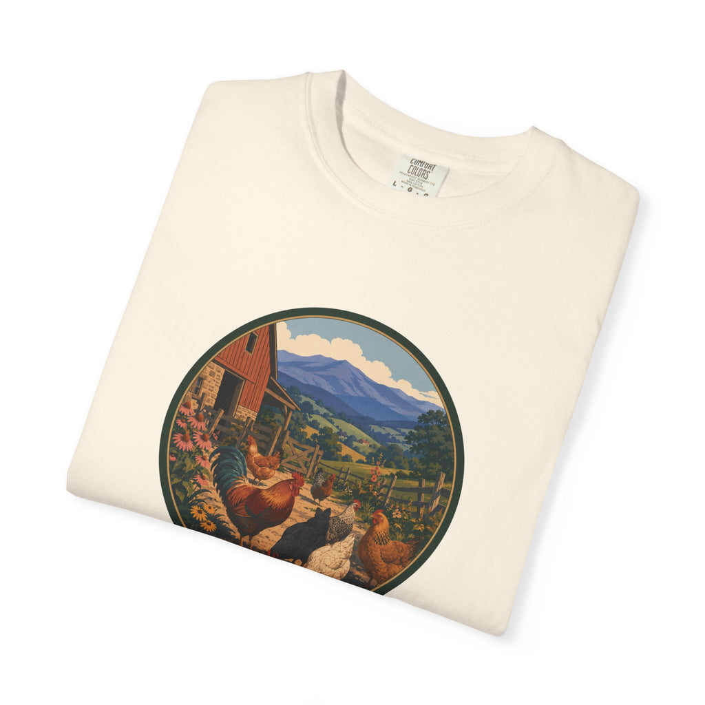 Chicken Farm Vintage Tee — Pastoral Hen Scene T-Shirt