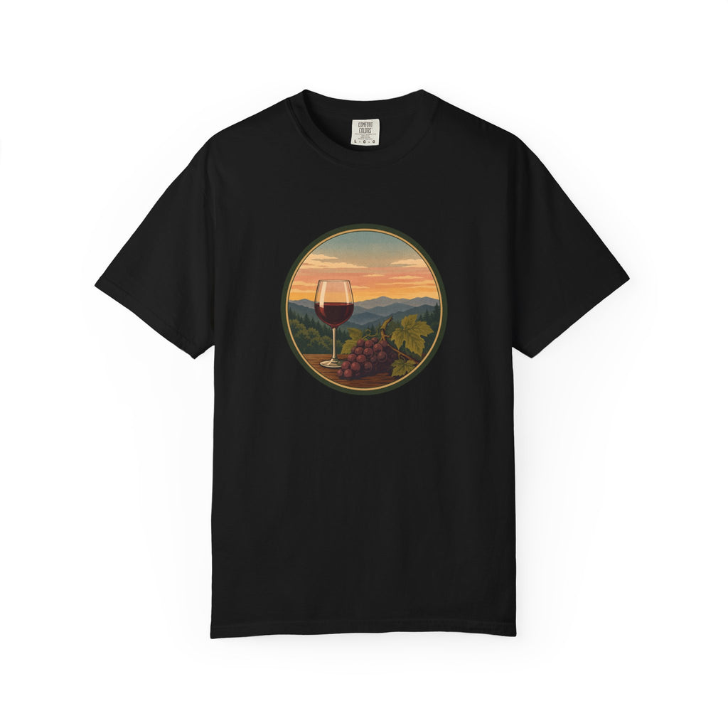 Wine Sunset T-Shirt — Vineyard Glass & Grapes Scenic Tee