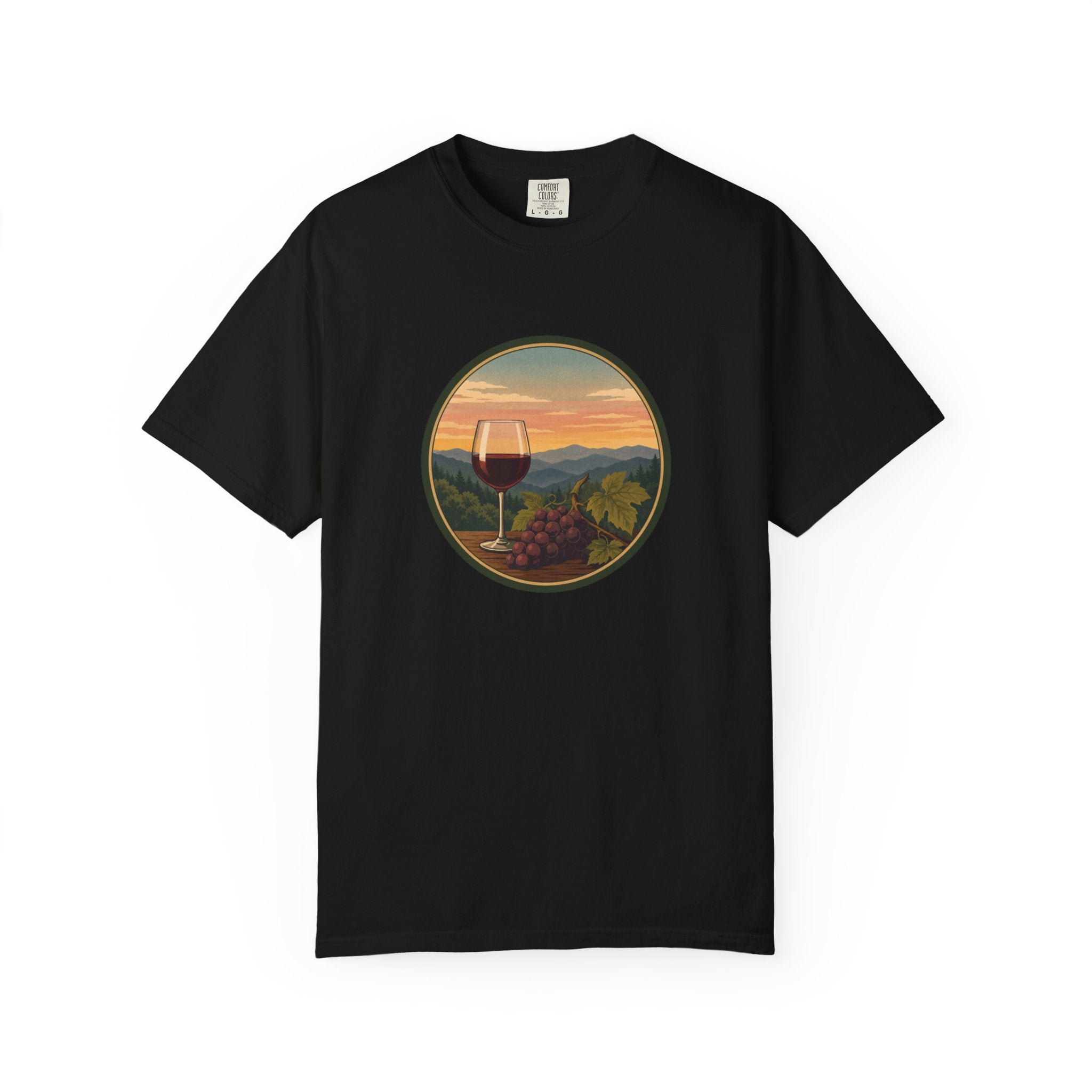 Wine Sunset T-Shirt — Vineyard Glass & Grapes Scenic Tee