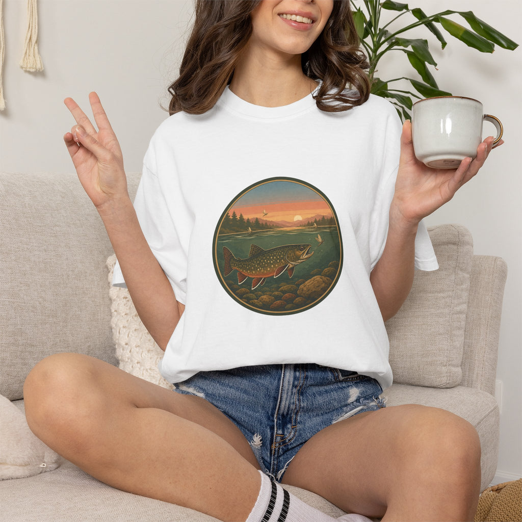 Brook Trout Sunset Fishing T-Shirt — Vintage River Scene Tee