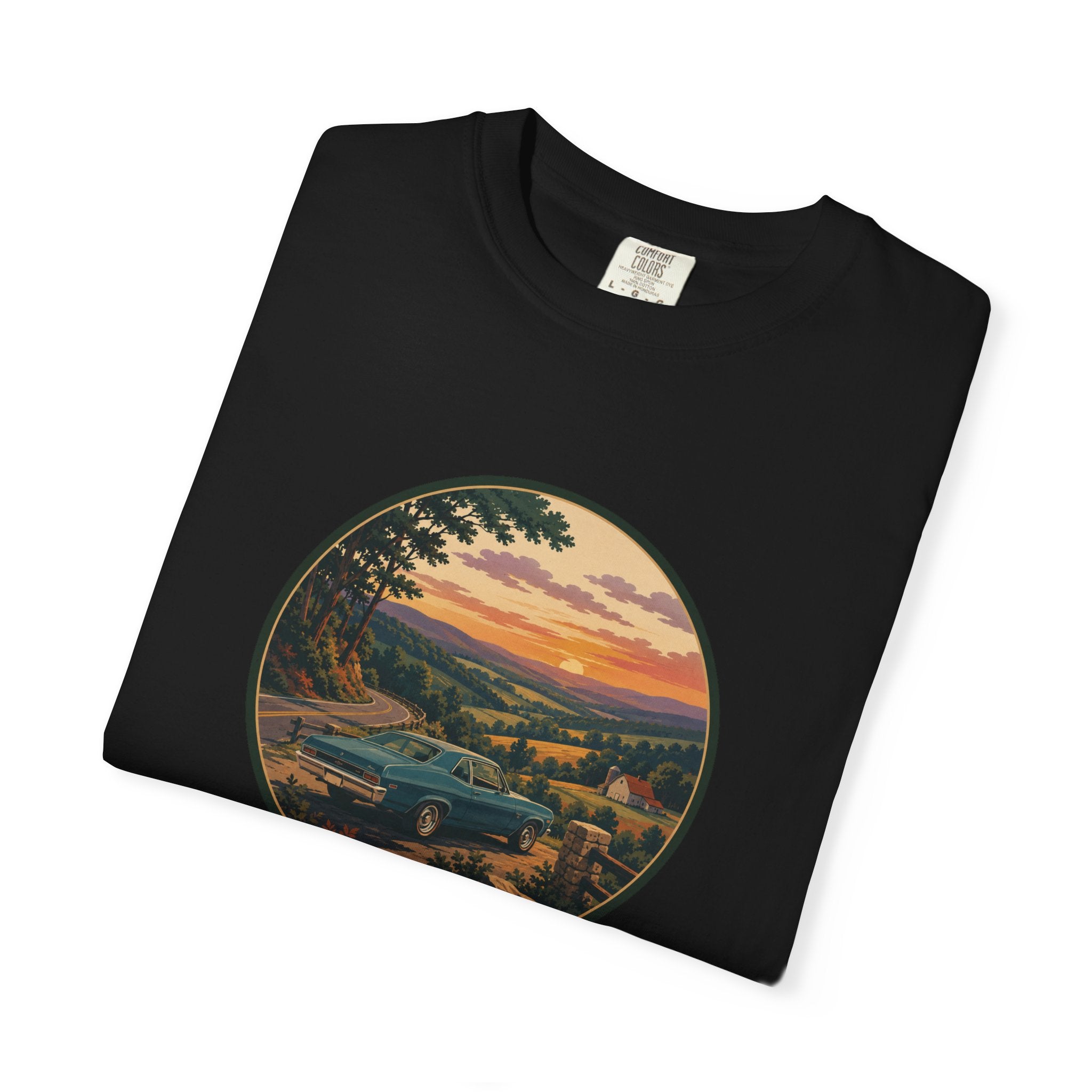 Sunset Valley Classic Car Landscape T-Shirt