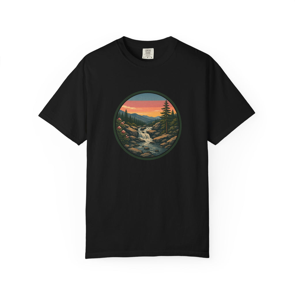 Scenic Waterfall T‑Shirt — Sunset Wilderness Nature Graphic