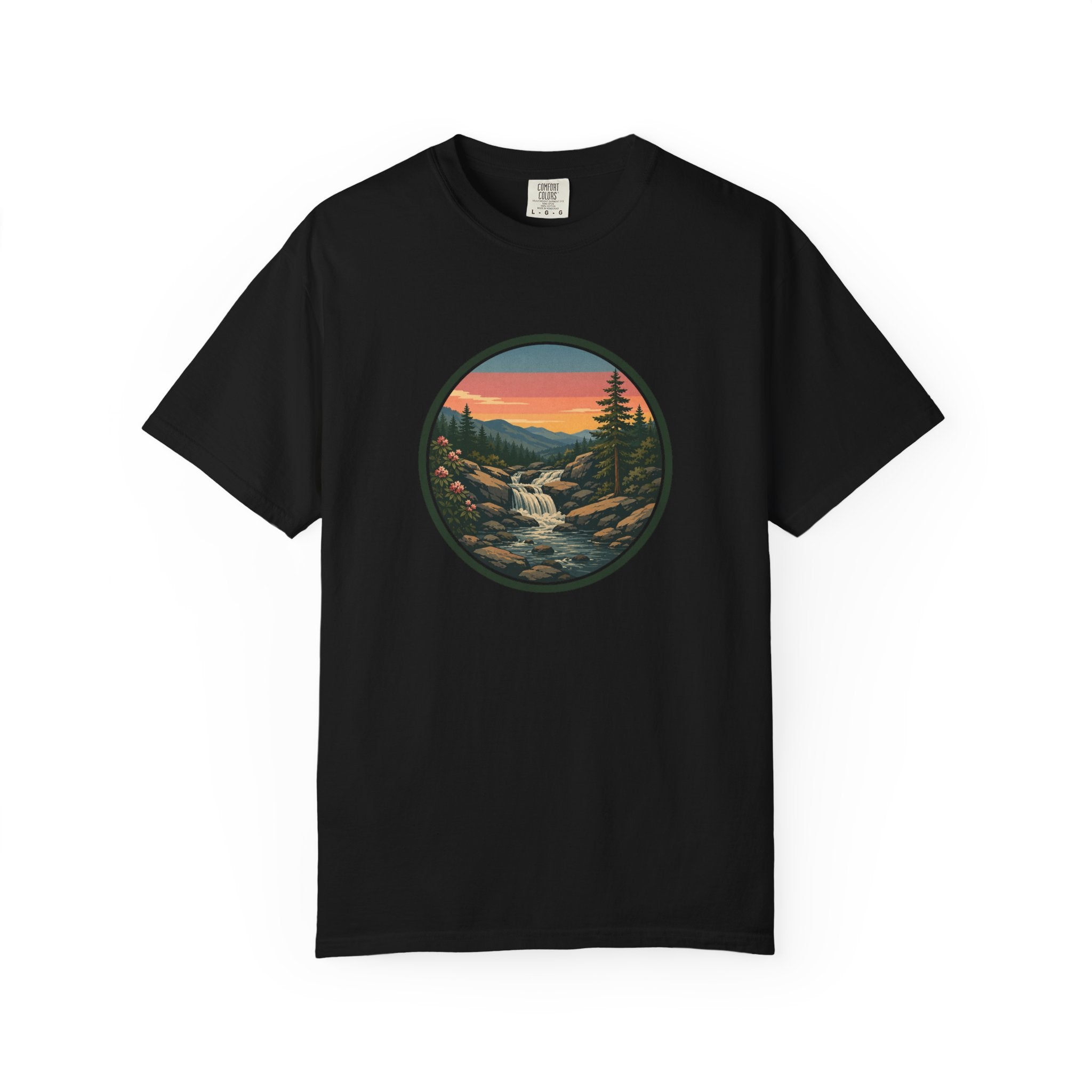 Scenic Waterfall T‑Shirt — Sunset Wilderness Nature Graphic