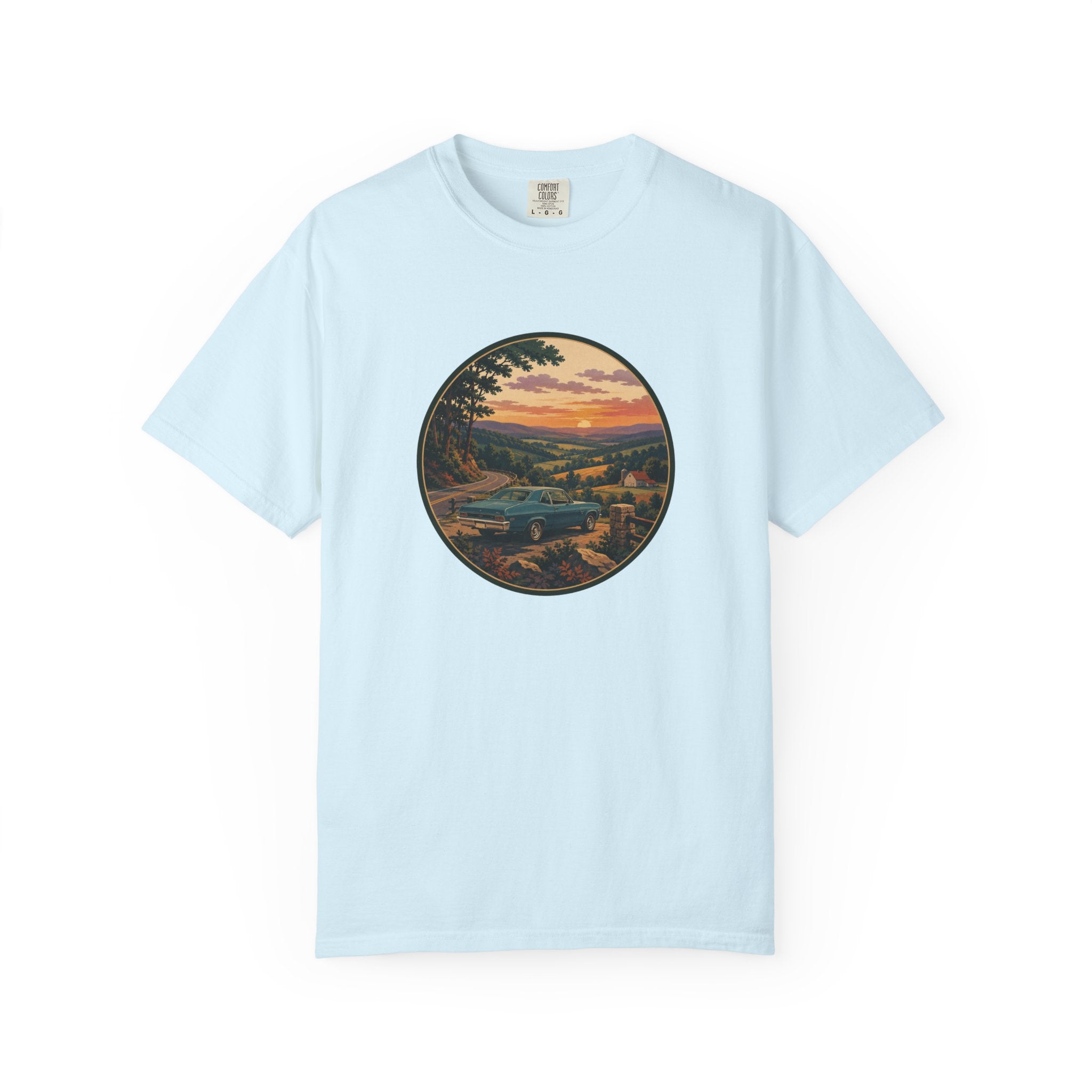 Sunset Valley Classic Car Landscape T-Shirt