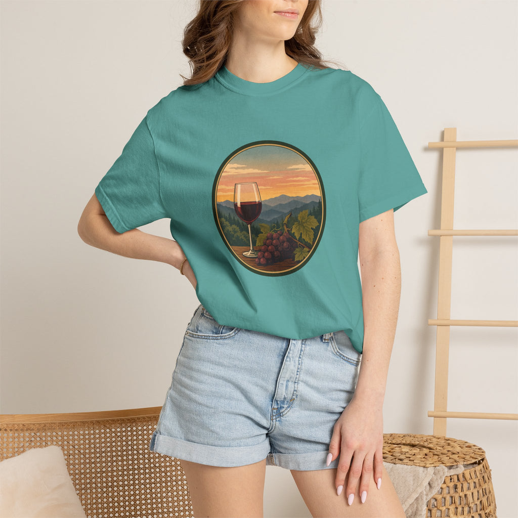 Wine Sunset T-Shirt — Vineyard Glass & Grapes Scenic Tee