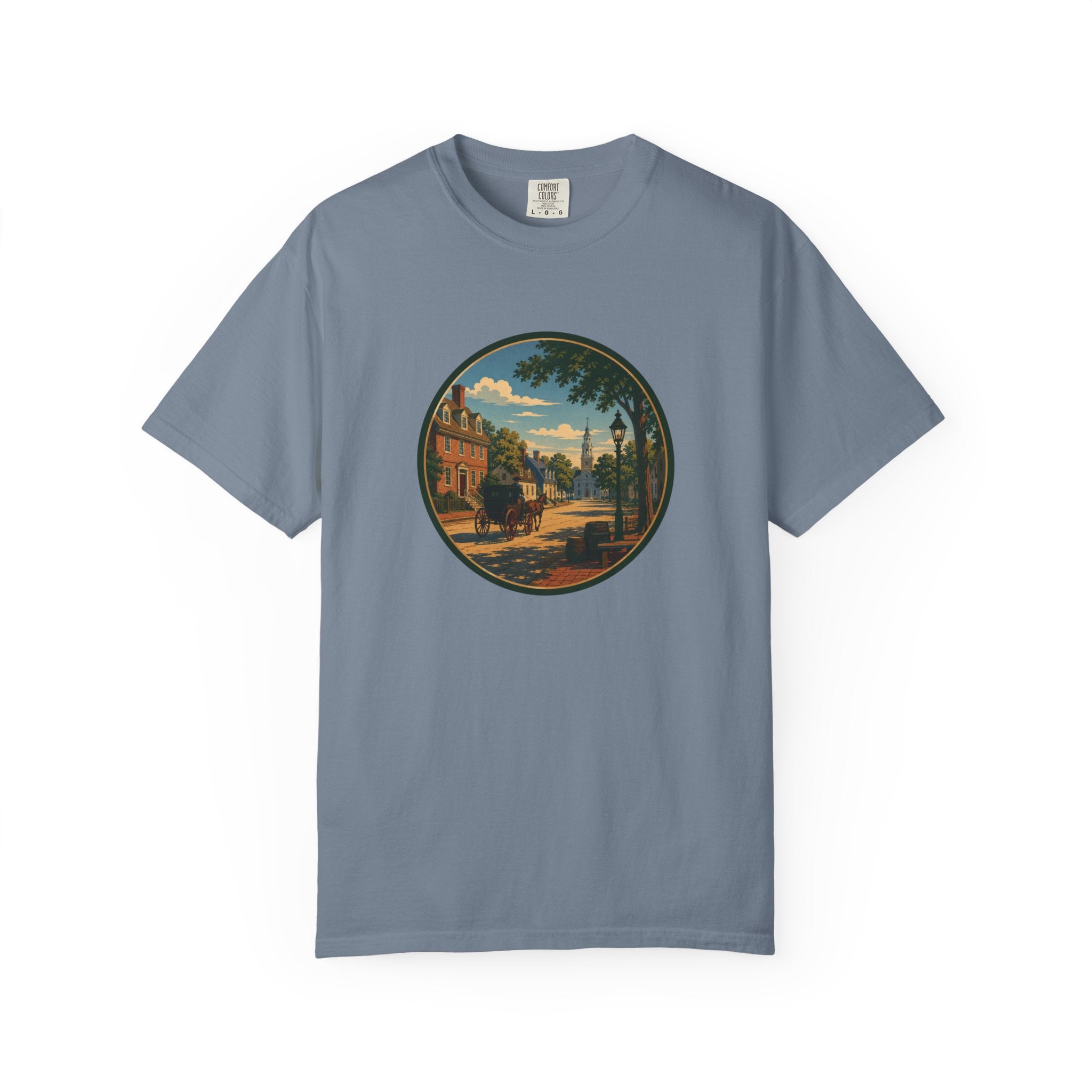 Colonial Carriage Ride T-Shirt — Retro Scenic Circle Print