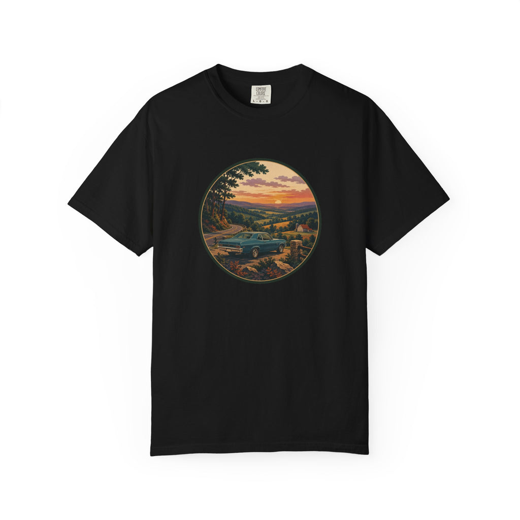 Sunset Valley Classic Car Landscape T-Shirt