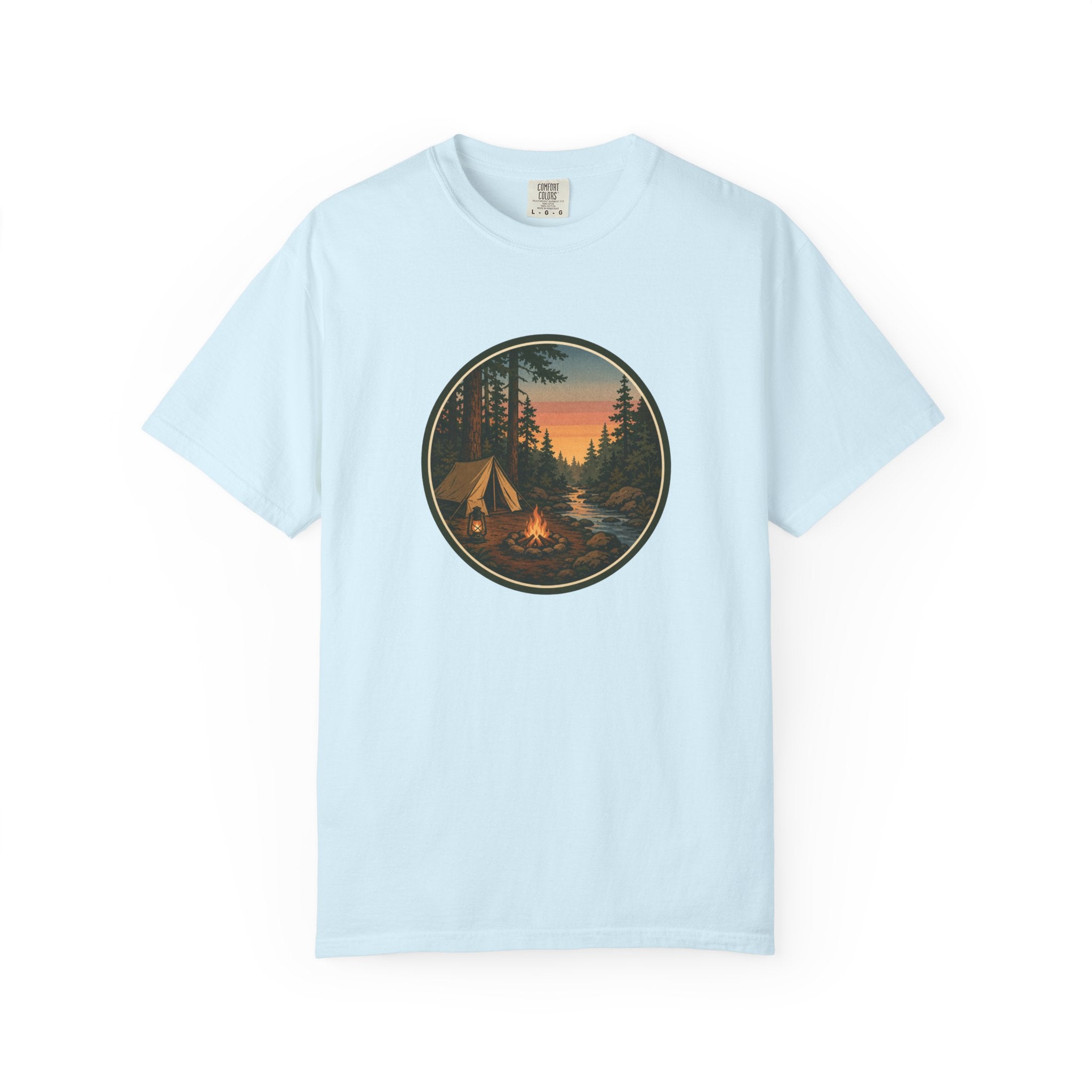 Camping Sunset T-Shirt — Vintage Tent & Campfire Graphic