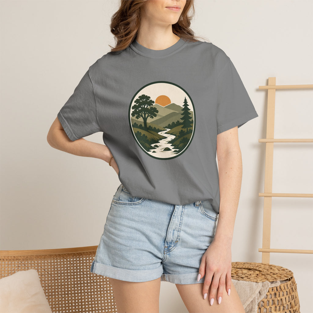 Simple Goodness Badge T-Shirt — Scenic Mountain Sunset River Design