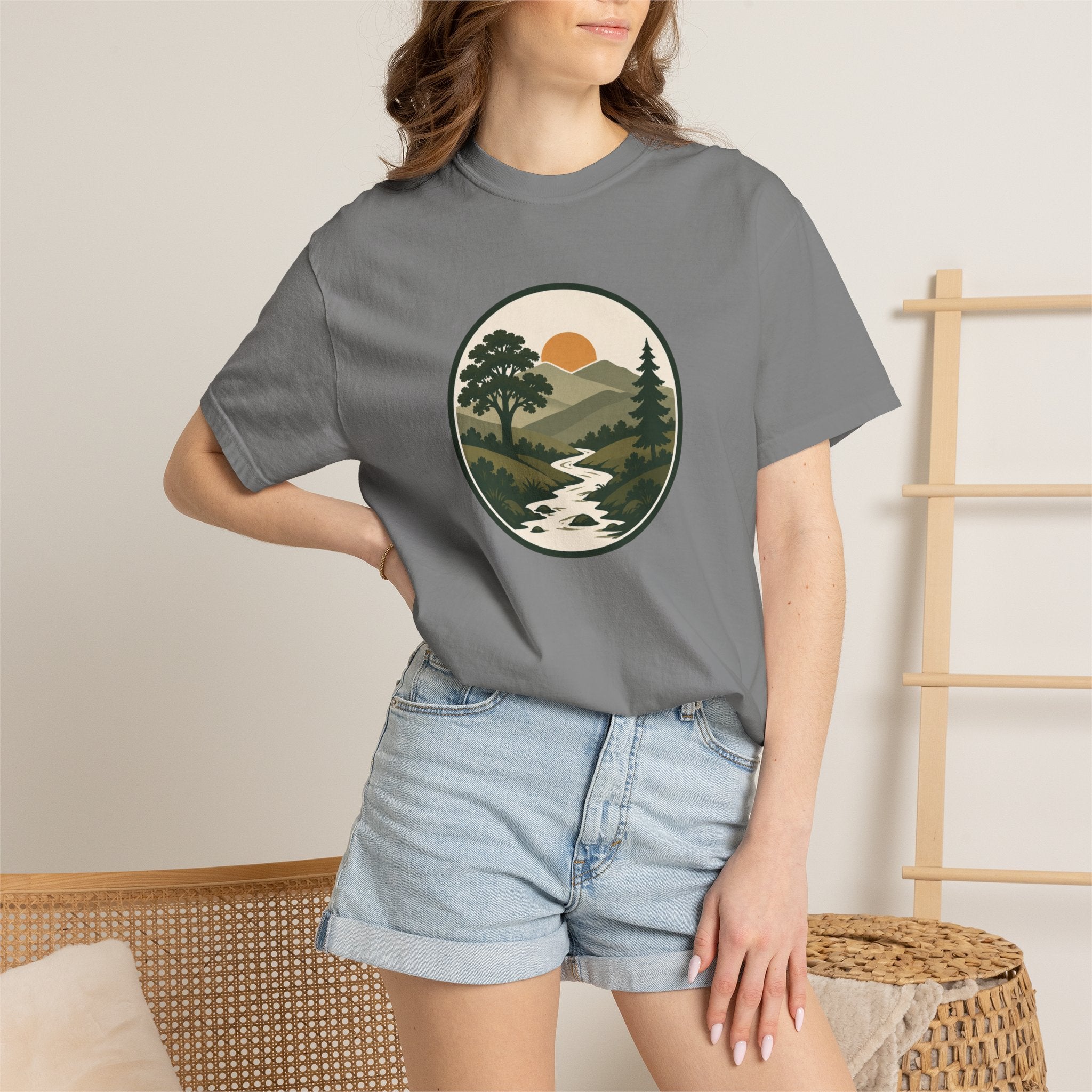 Simple Goodness Badge T-Shirt — Scenic Mountain Sunset River Design