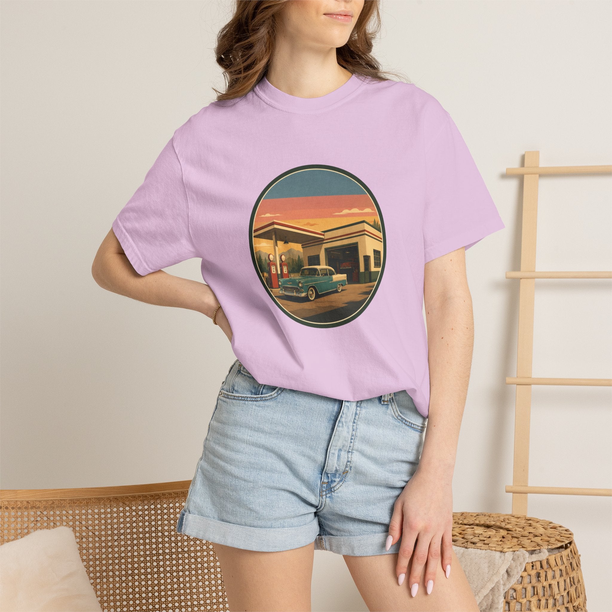 Retro Gas Station T-Shirt — Vintage Sunset Roadside Design