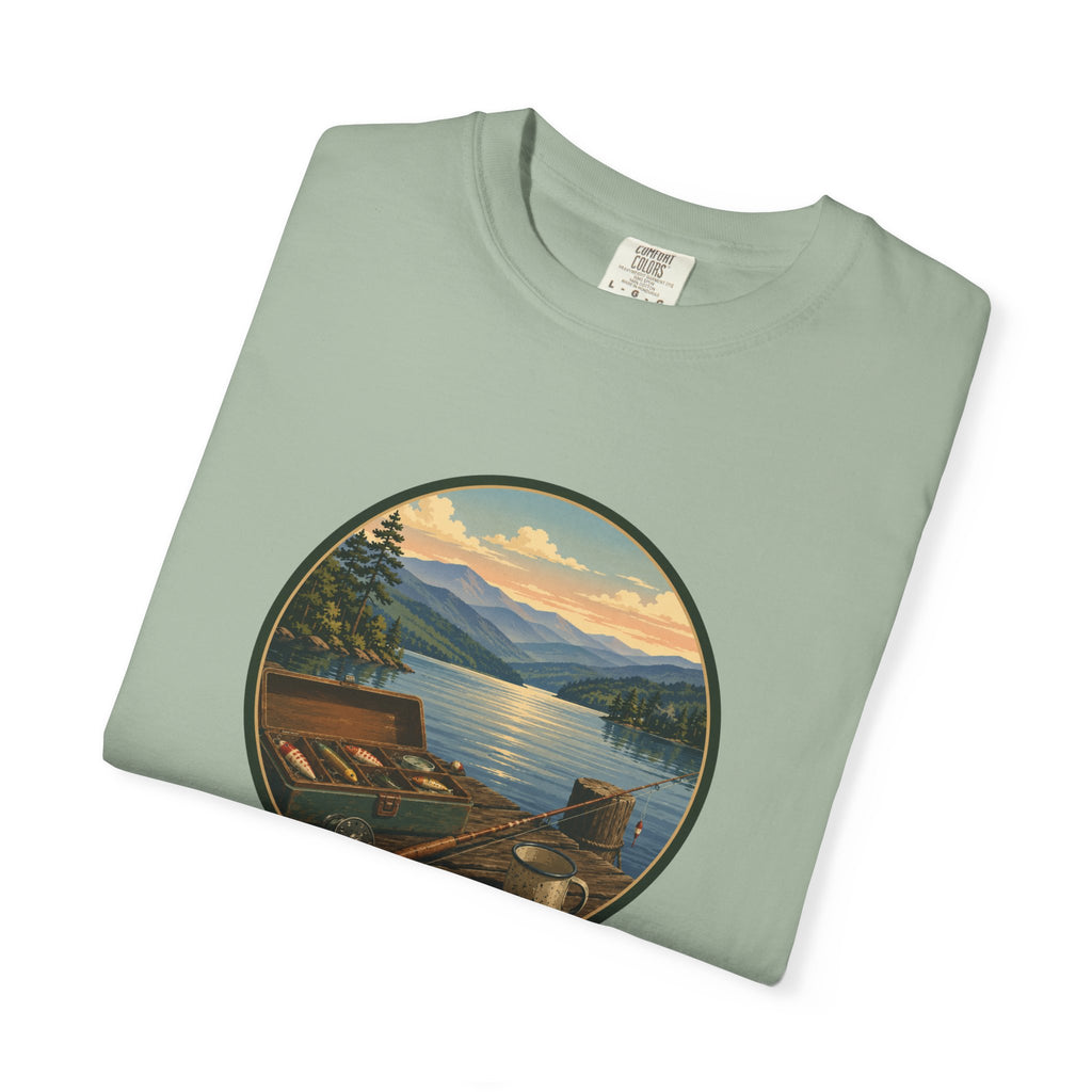 Vintage Fishing Tackle T-Shirt — Mountain View Dock Scene Tee