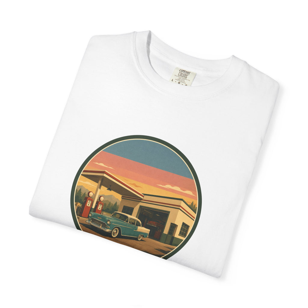 Retro Gas Station T-Shirt — Vintage Sunset Roadside Design