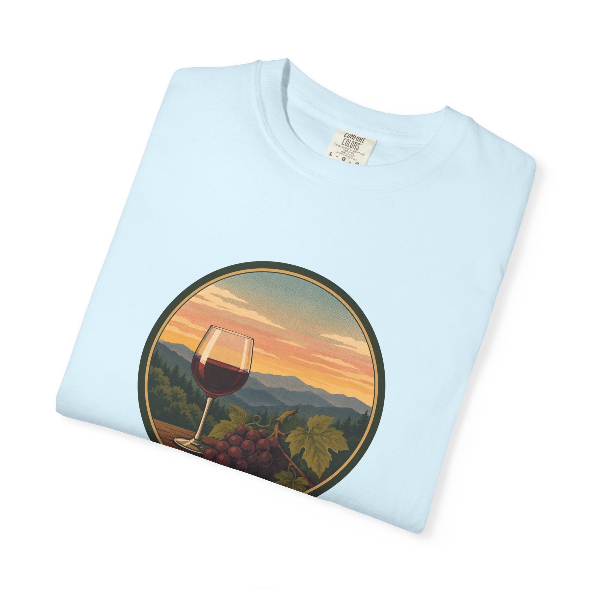 Wine Sunset T-Shirt — Vineyard Glass & Grapes Scenic Tee