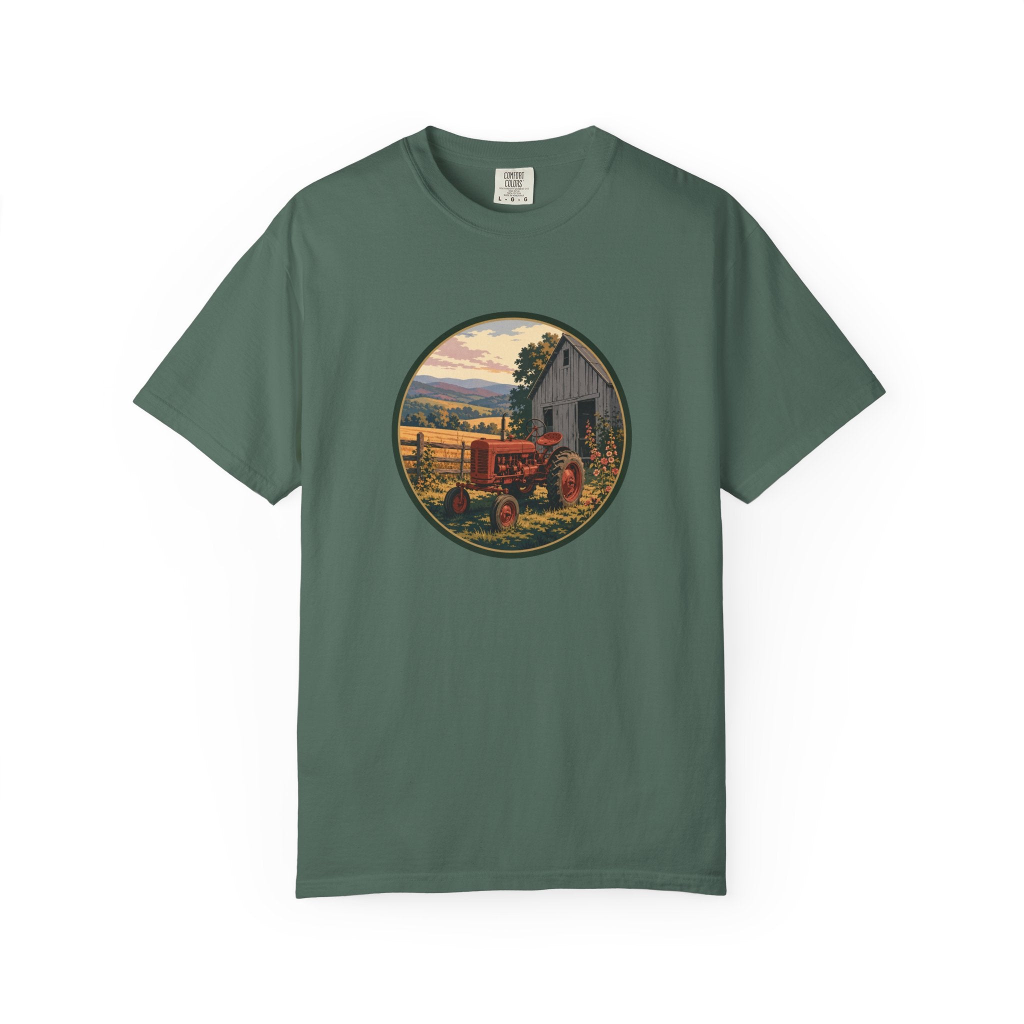 Vintage Farm Tractor T-Shirt — Rustic Barnyard Sunset Graphic Tee