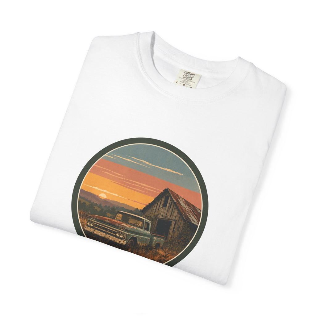 Vintage Sunset Barn T-Shirt — Retro Truck Farm Scene