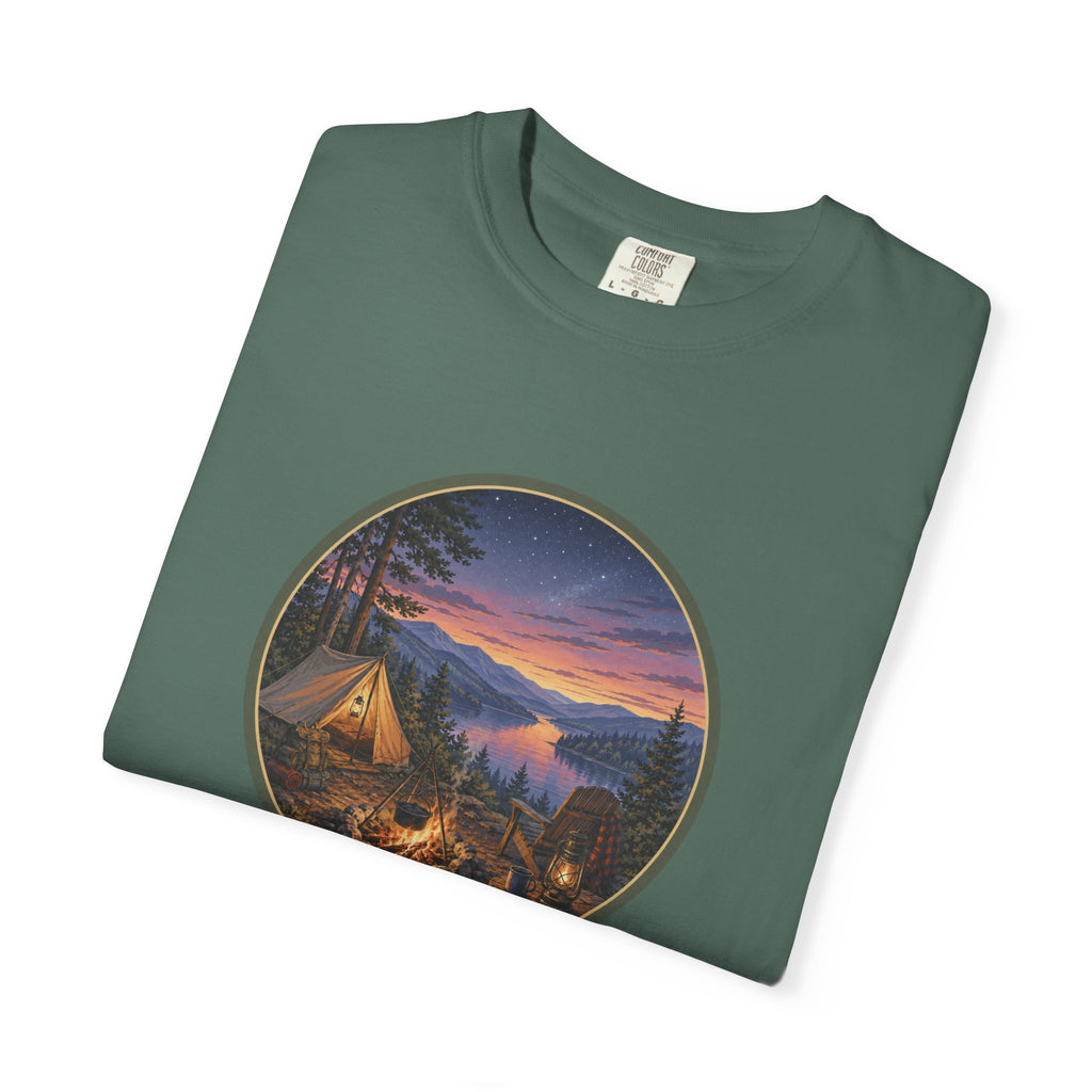 Camping Sunset T-Shirt — Riverside Campfire Night Scene