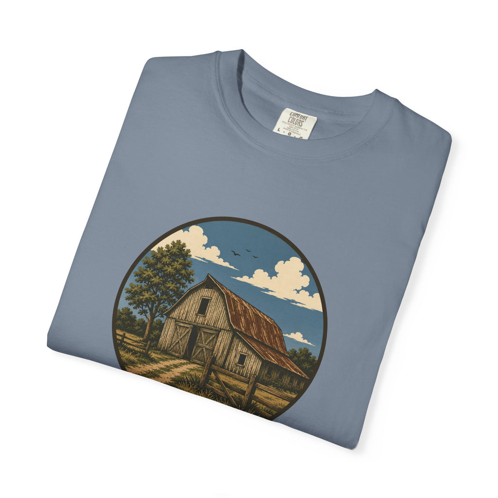 Barn Scene T-Shirt — Rustic Farmhouse Circle Graphic Tee