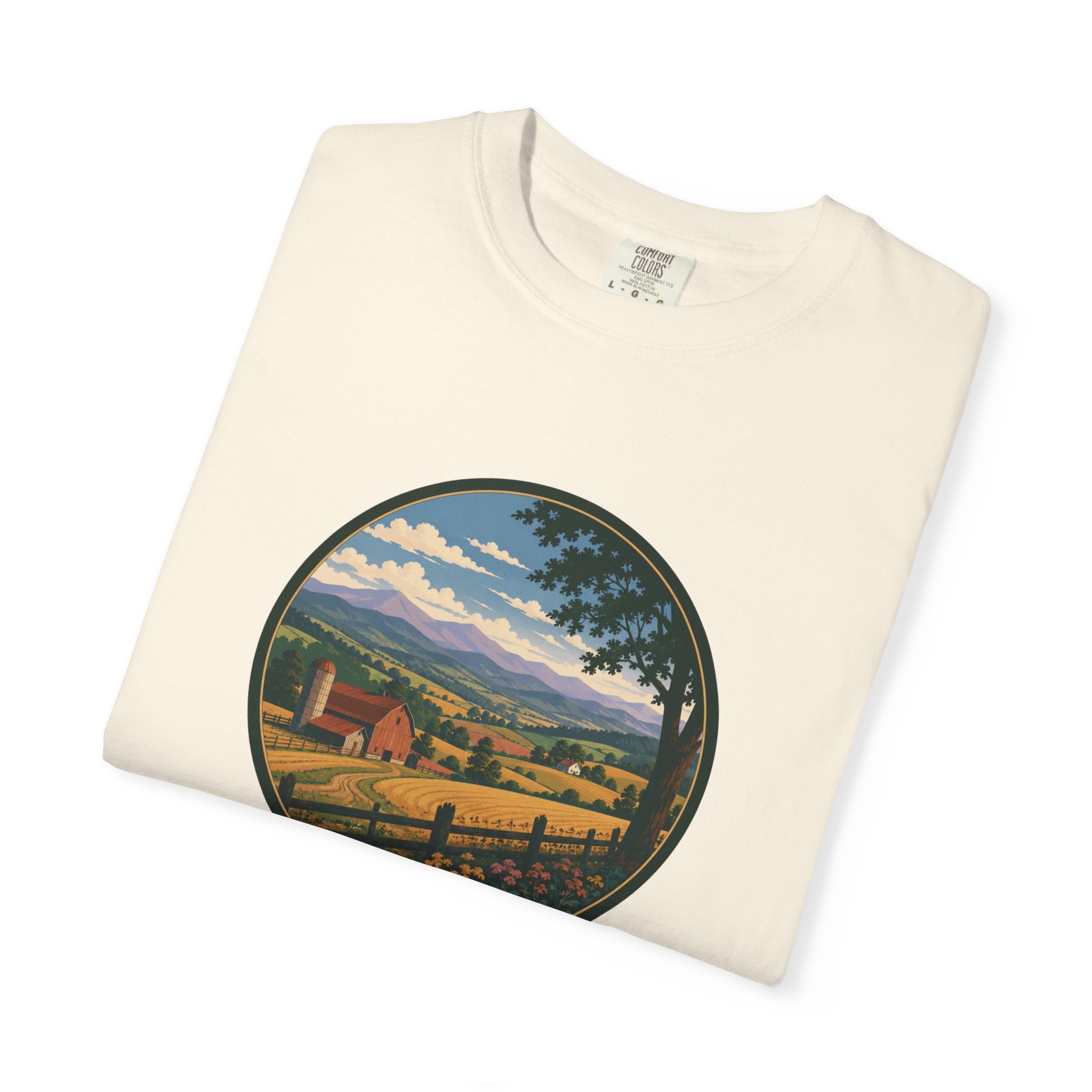 Scenic Countryside T-Shirt — Vintage Farm Landscape Graphic