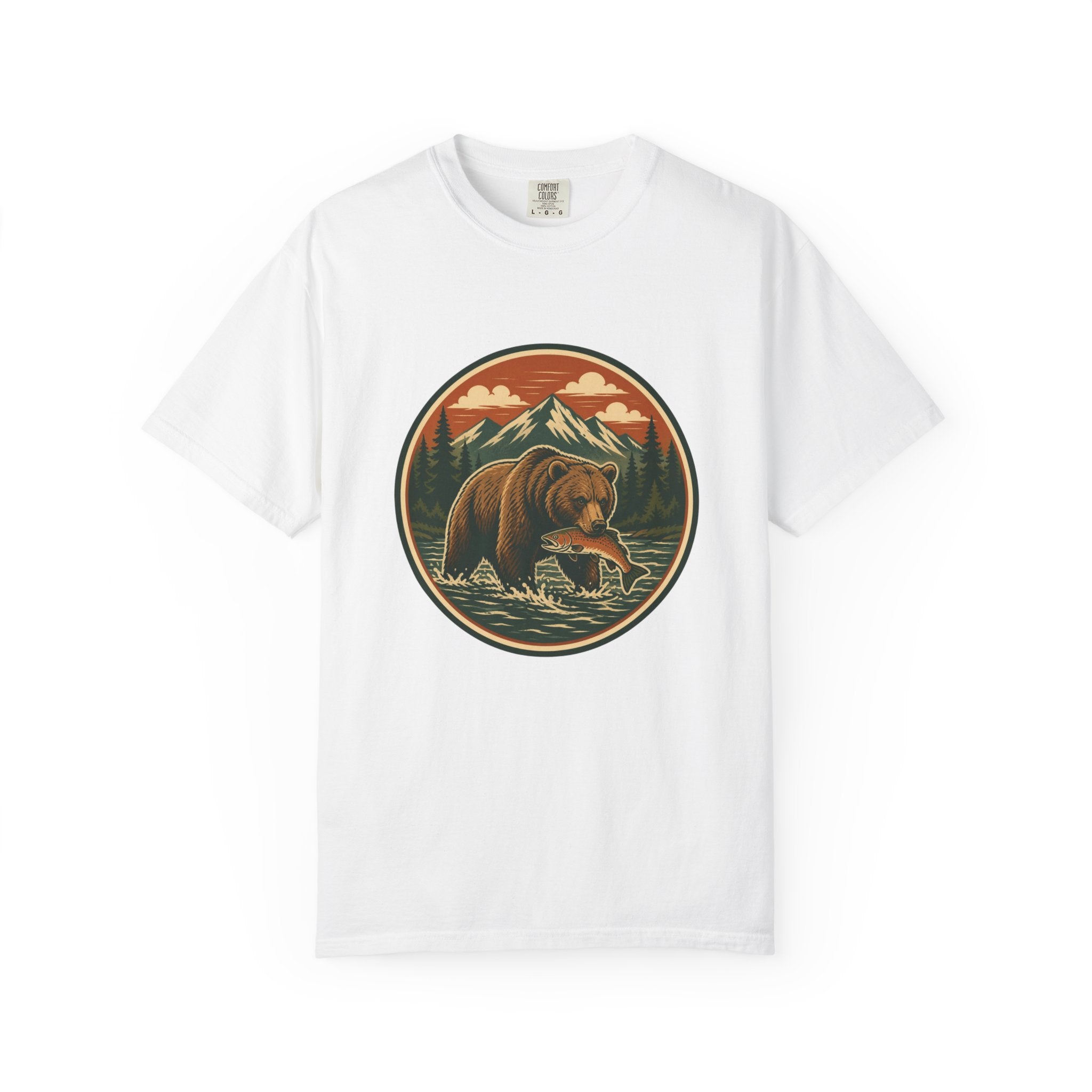 Bear Fishing Mountain T-Shirt — Retro Wilderness Outdoor Graphic Tee
