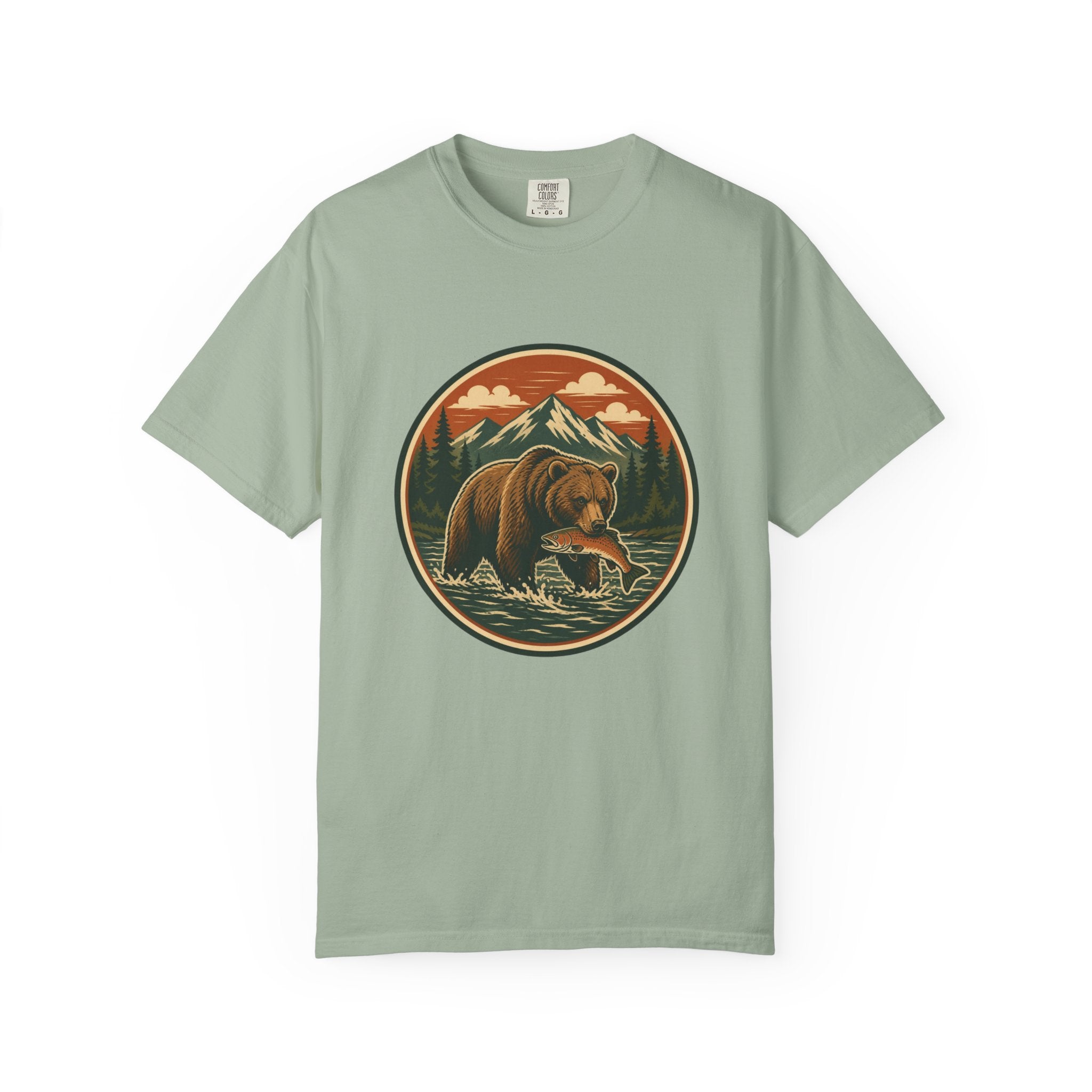 Bear Fishing Mountain T-Shirt — Retro Wilderness Outdoor Graphic Tee