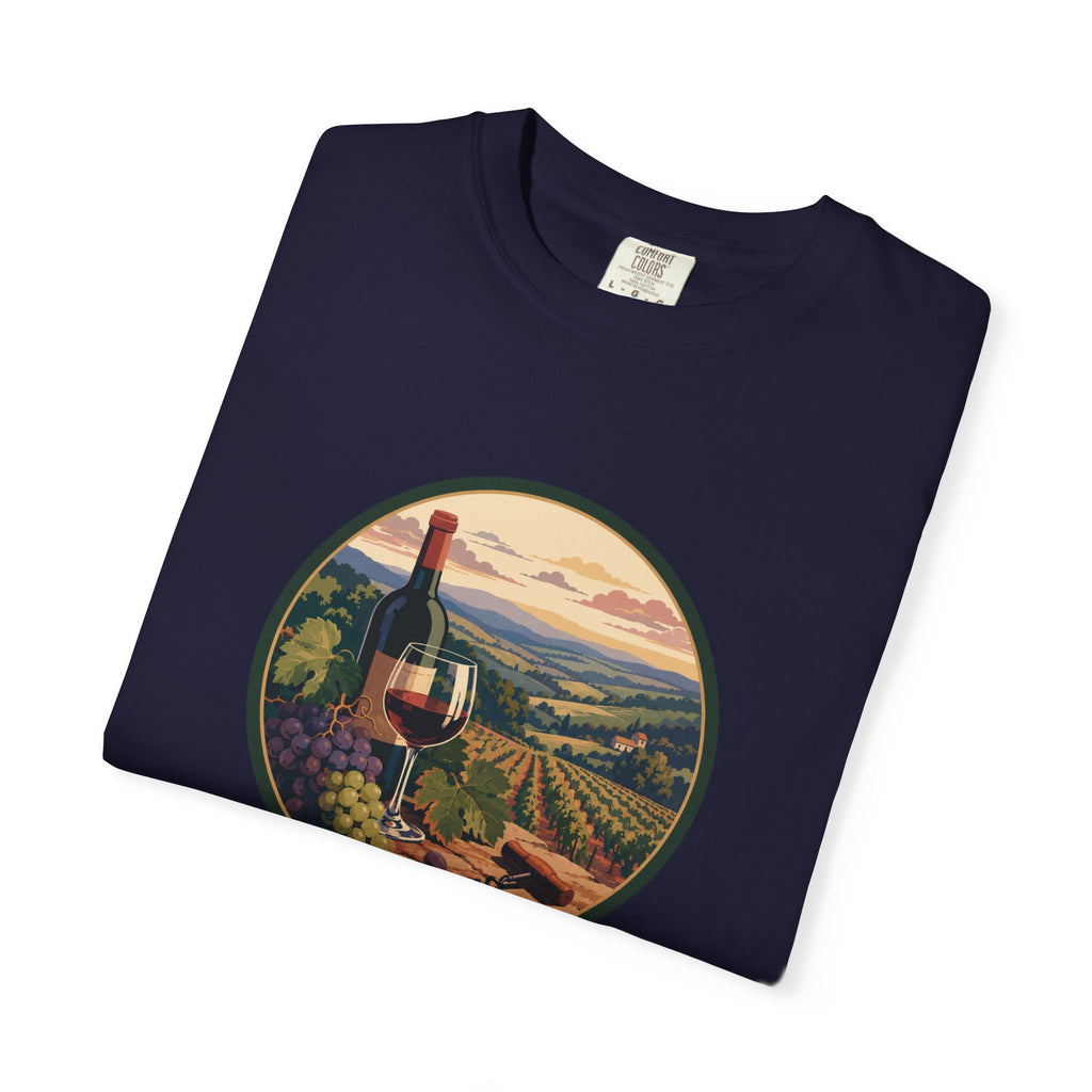 Wine Country Scenic T-Shirt – Vineyard Bottle & Sunset Graphic