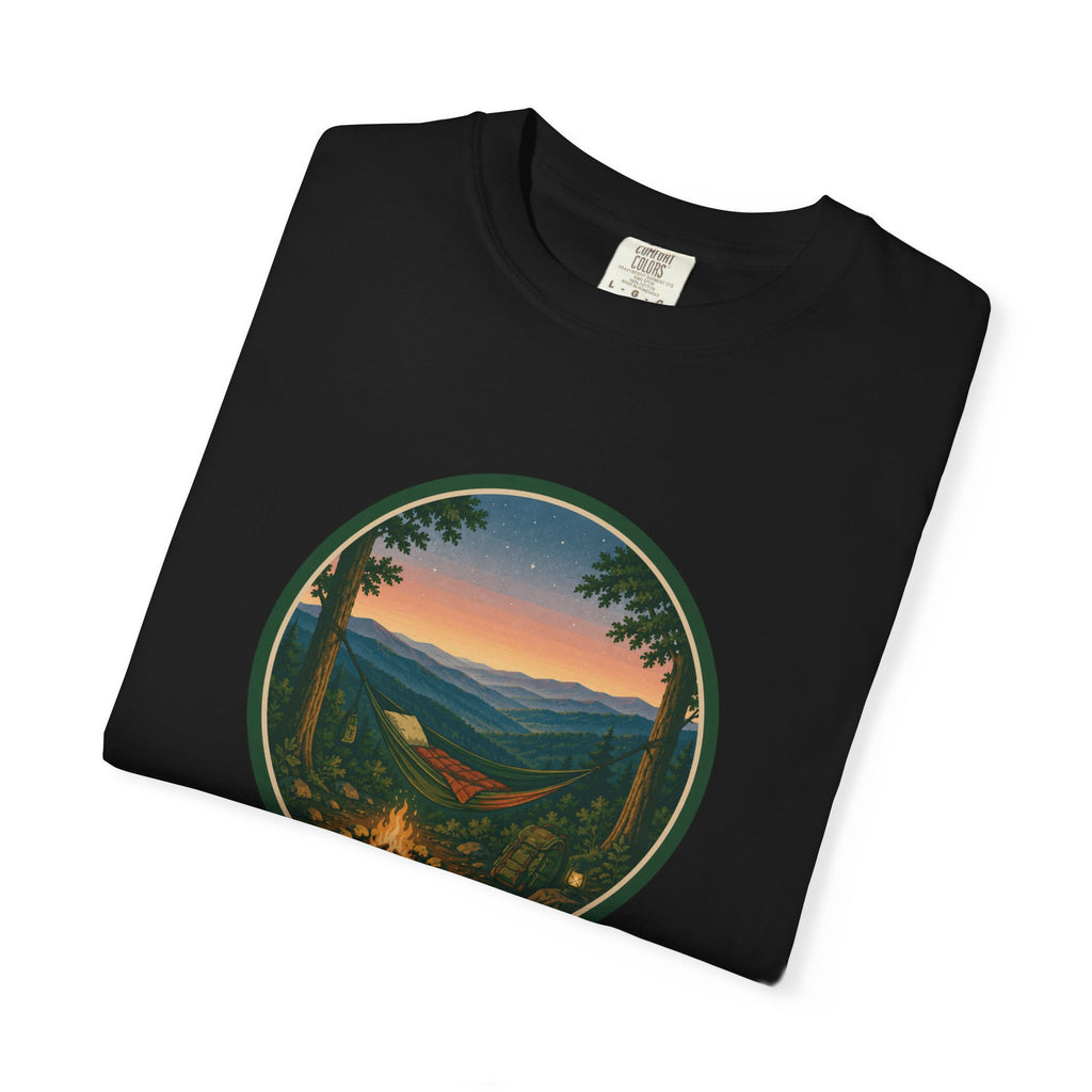 Campfire Mountain Sunset T-Shirt — Scenic Hiking Adventure Tee