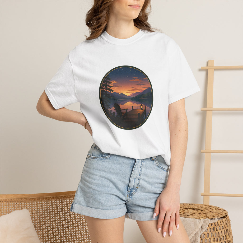 Sunset Lake Camping T-Shirt — Scenic Mountain Lantern Graphic